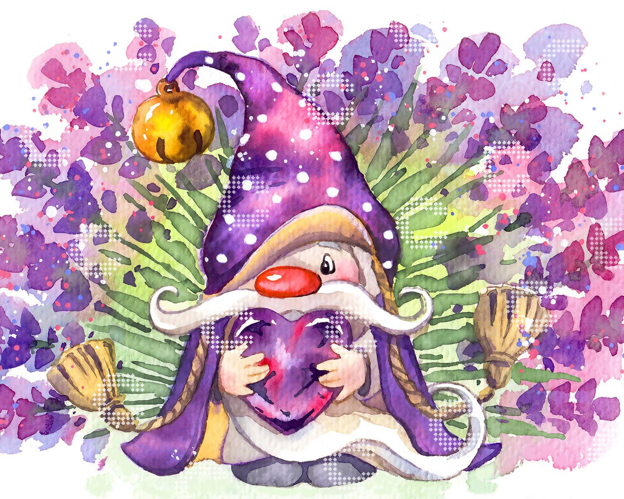 Diamond Painting kleiner Lavendel-Gnom mit dicker roter Nase und weißem Bart, lilafarbener Mütze mit weißen Punkten und Glöckchen, der einen herzförmigen Amethysten umarmt, umgeben von üppigen Lavendelfeldern