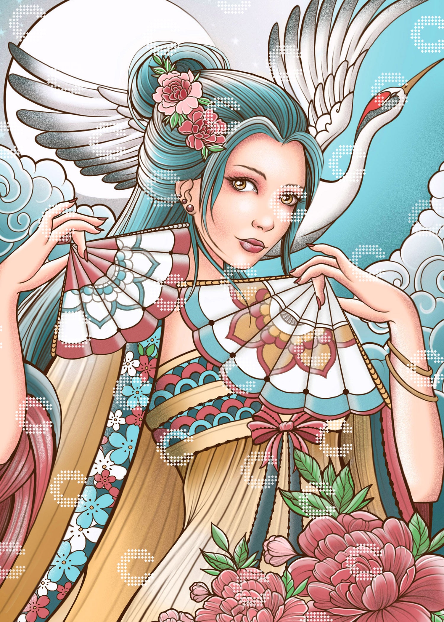 Diamond Painting mit einer asiatischen Schönheit im Kimono, mit Fächern und Blumen im Haar, vor einem Vollmond und einem fliegenden Kranich