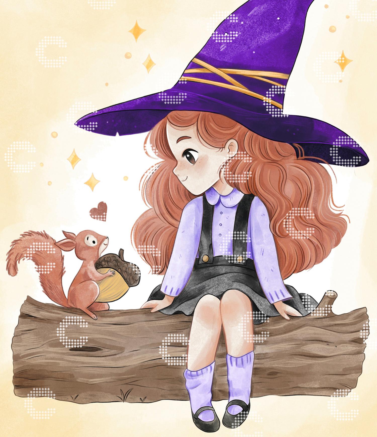 Diamond Painting kleines Hexenmädchen mit kupferfarbenem Haar und violettem Hexenhut neben einem Eichhörnchen mit großer Eichel