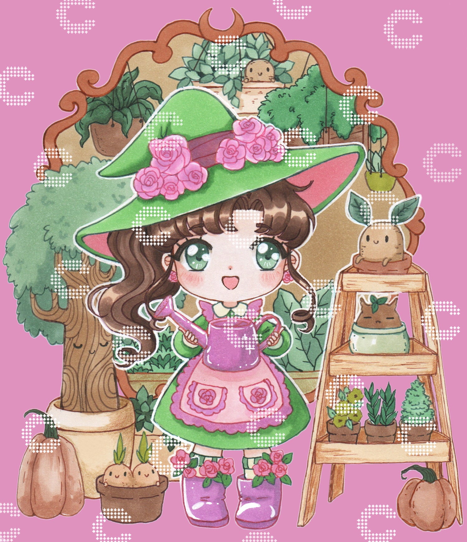 Diamond Painting kleine Pflanzenhexe mit Blumen und magischen Details