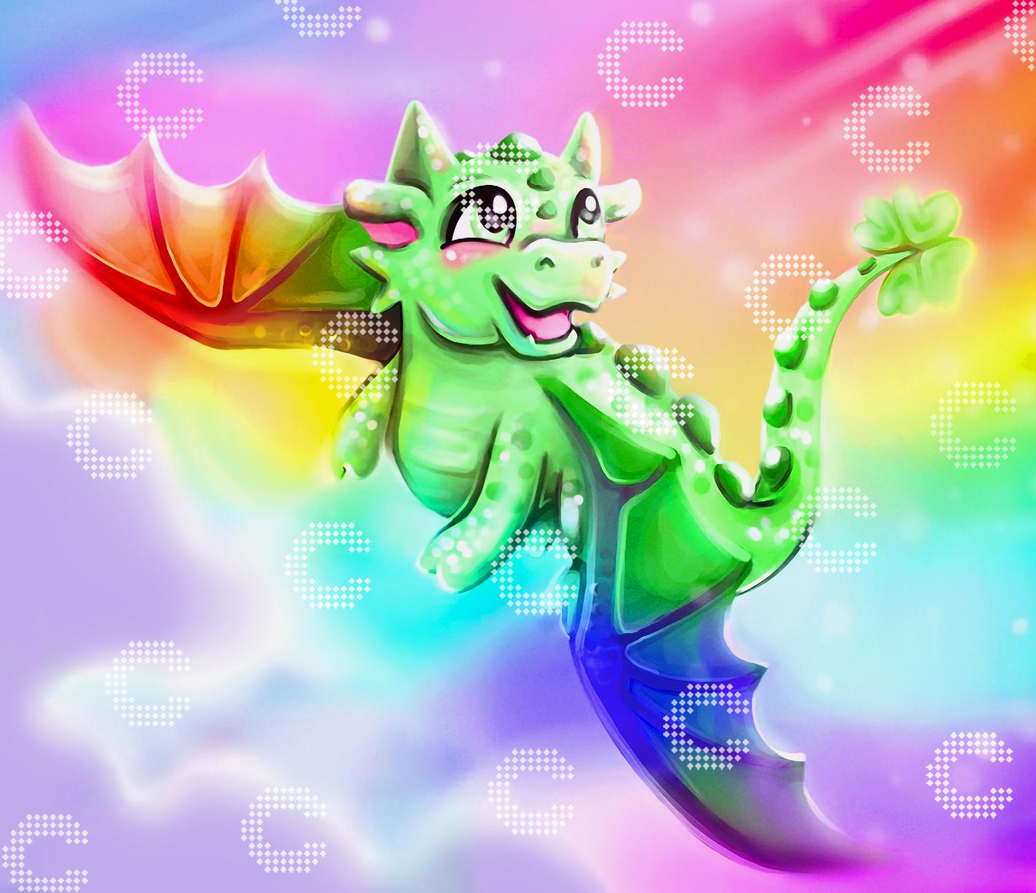 Diamond Painting fröhlicher Regenbogendrache vor einem leuchtenden Himmel in den Farben des Regenbogens als farbenfrohes Fantasy Motiv