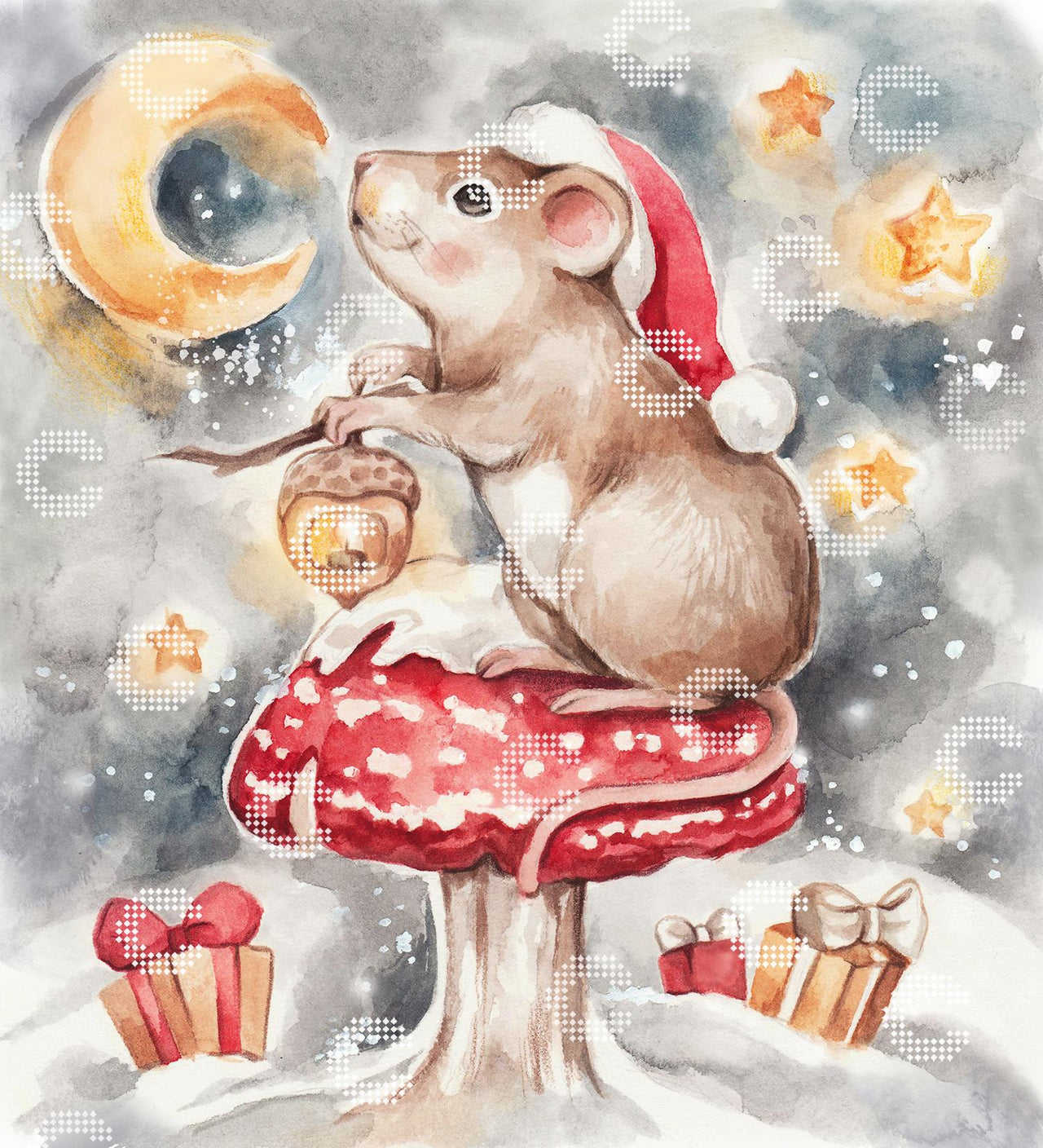 Diamond Painting kleine Weihnachtsmaus mit niedlicher Laterne in einer magischen Winternacht, umgeben von glitzernden Sternen und Mondschein, mit roter Weihnachtsmütze und leuchtend rotem Fliegenpilz