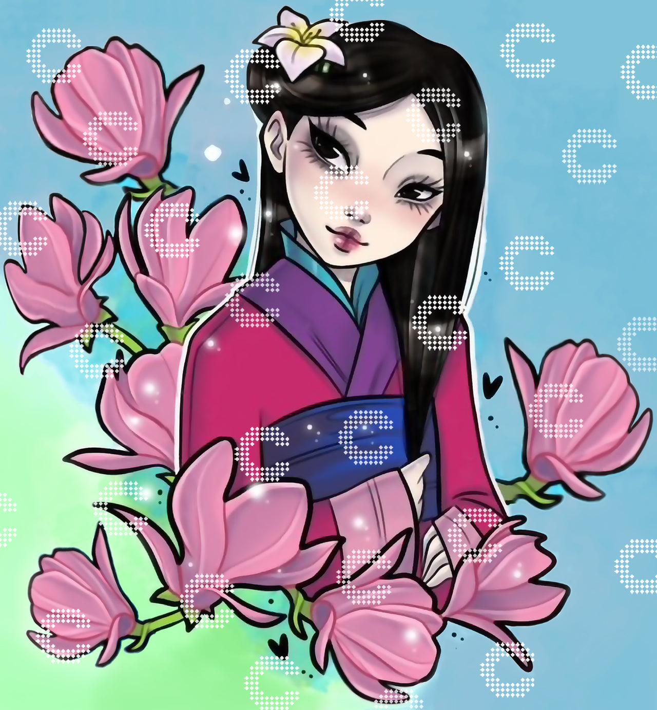 Diamond Painting mit Mulan mit dunklen Haaren und dunklen Augen in einem Kimono, geschmückt mit einer Blüte im Haar und umgeben von Ästen mit zahlreichen rosafarbenen Magnolienblüten