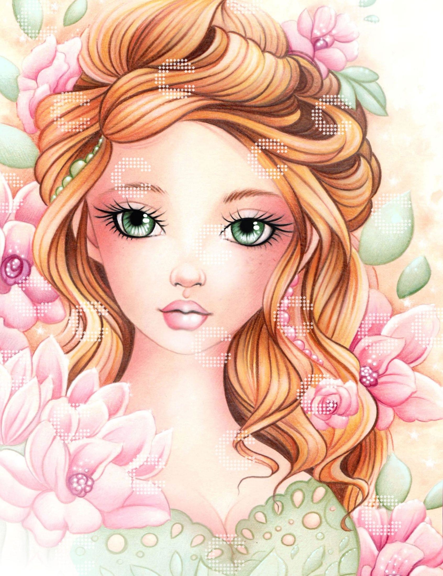 Diamond Painting zartes Mädchenportrait mit rosa Kamelienblüten, salbeifarbenen Blättern und passendem Kleid