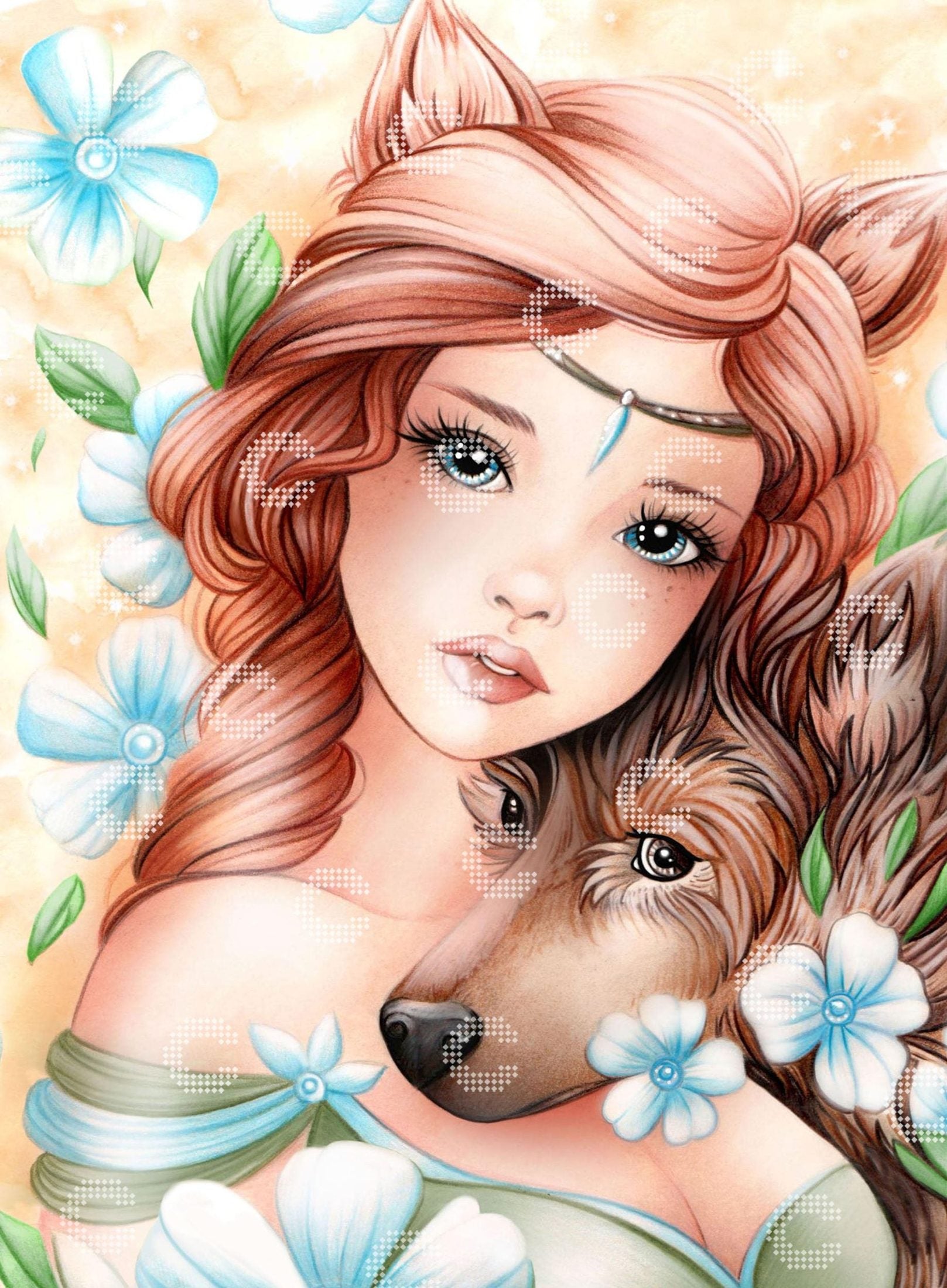 Diamond Painting mit einem Mädchen mit langen roten Haaren und pelzigen Fuchsohren, das von seinem treuen Hund begleitet wird, umgeben von zarten weiß-blauen Blüten und filigranen Blättern
