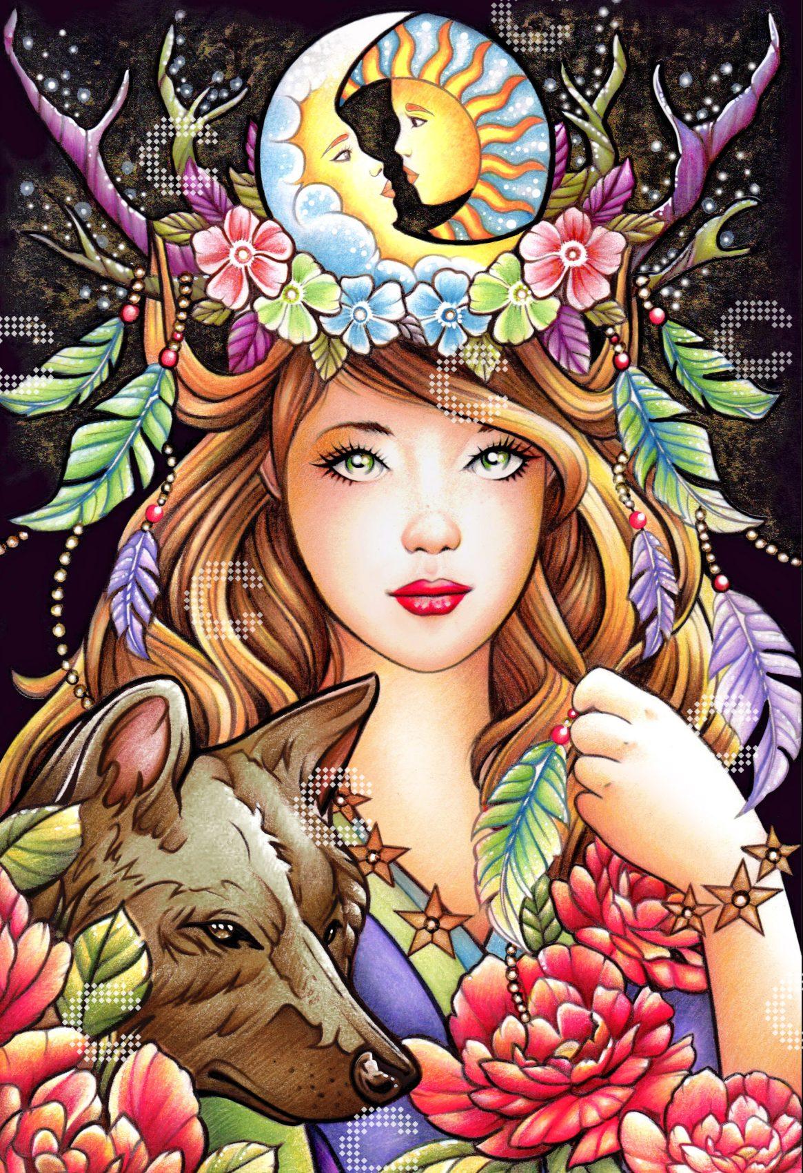 Diamond Painting Mädchen mit Geweih, Blumen- und Federschmuck sowie einem wolfsähnlichen Hund an ihrer Seite