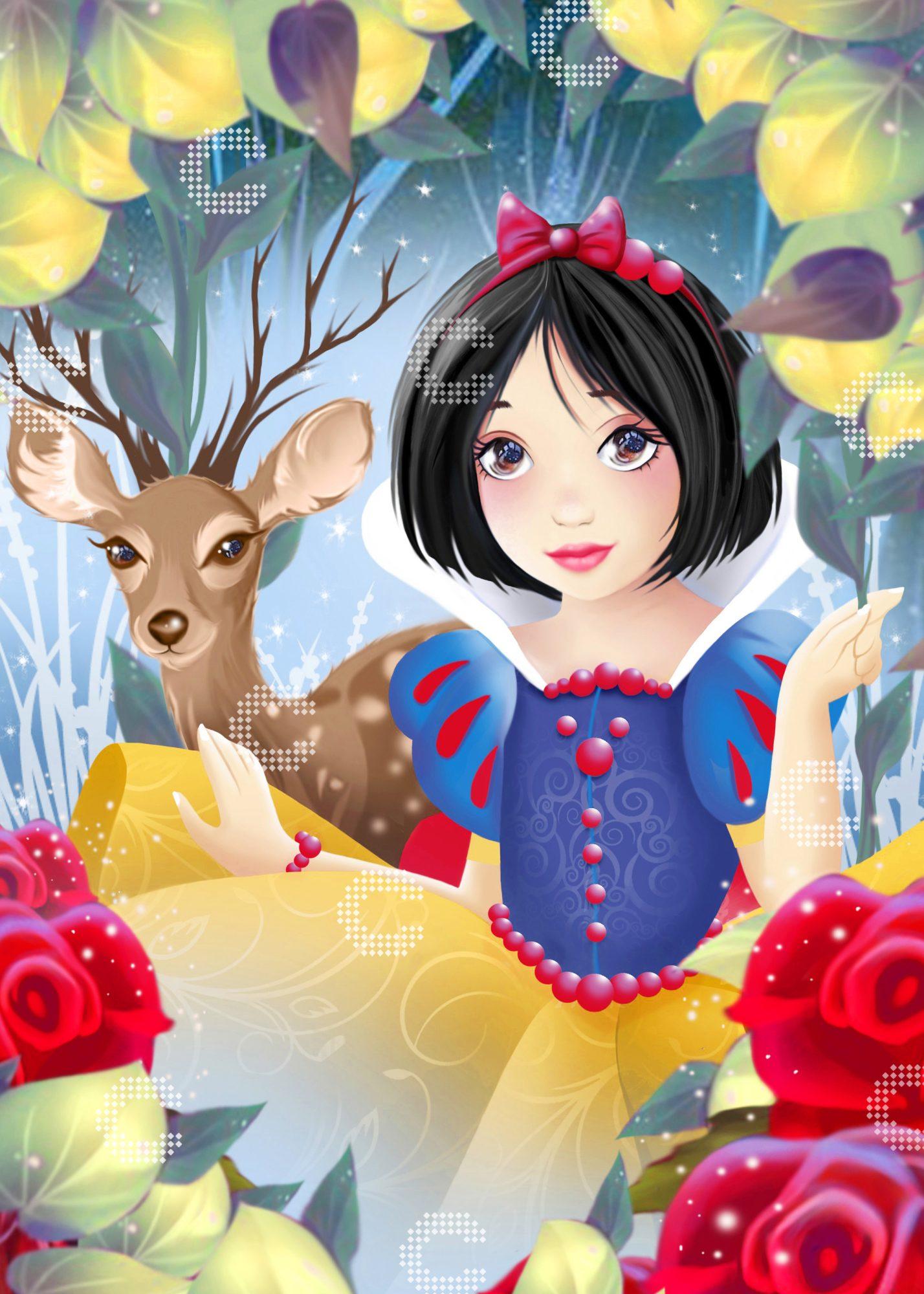 Diamond Painting kleines Schneewittchen mit Rehk und roten Rosen mitten im verwunschenen Wald