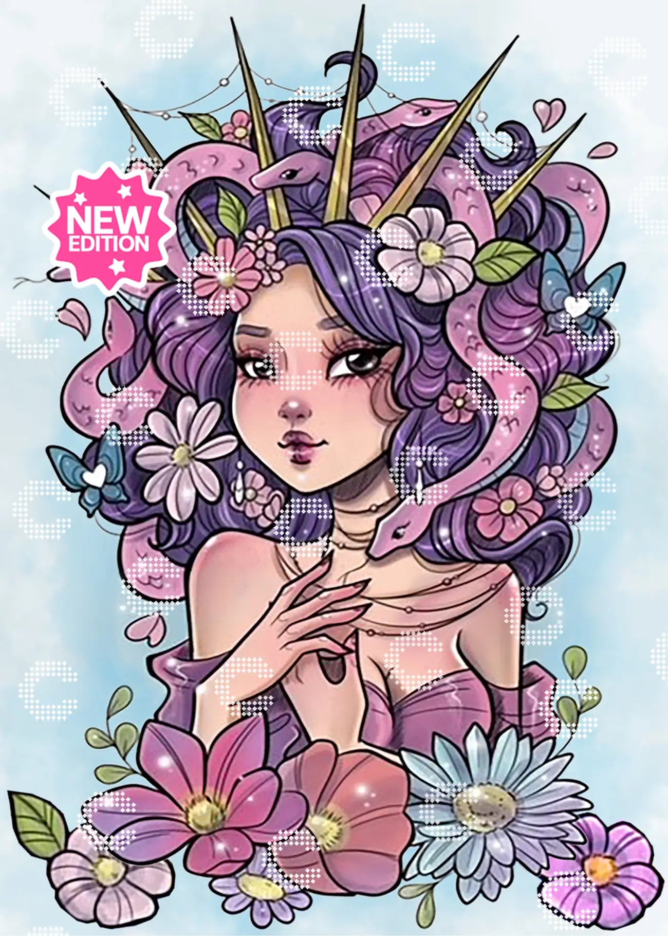 Diamond Painting Originalbild Medusa mit Schlangenhaaren und Blüten, umgeben von zarten Schmetterlingen in einer mystischen Fantasy Szene