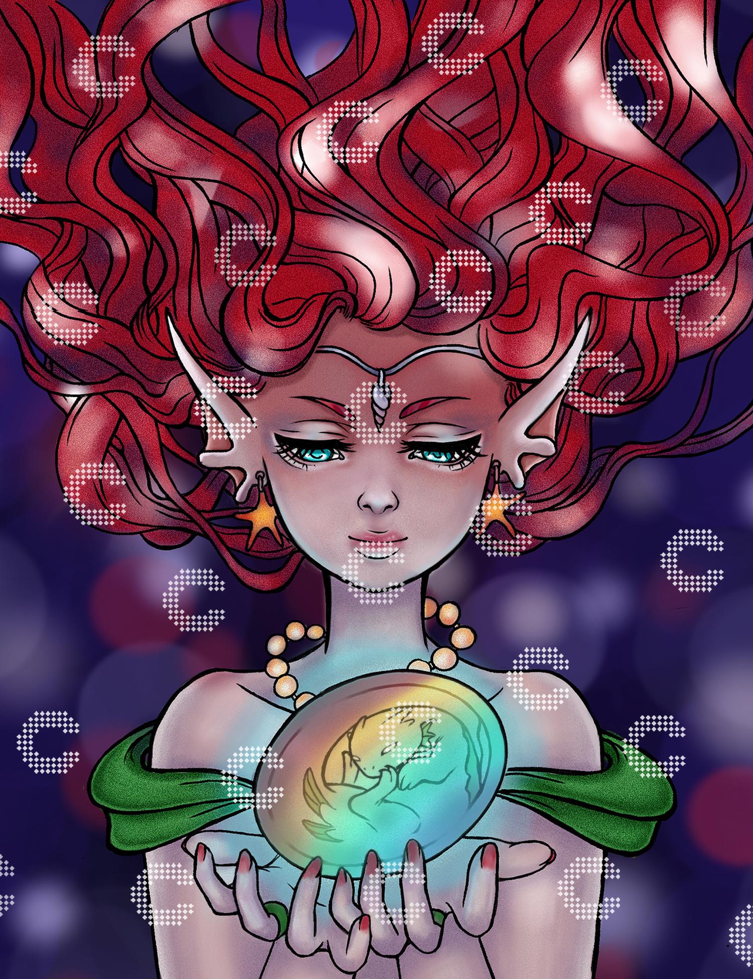 Diamond Painting Meerjungfrau mit langen roten Haaren und schillerndem Drachenei unter Wasser