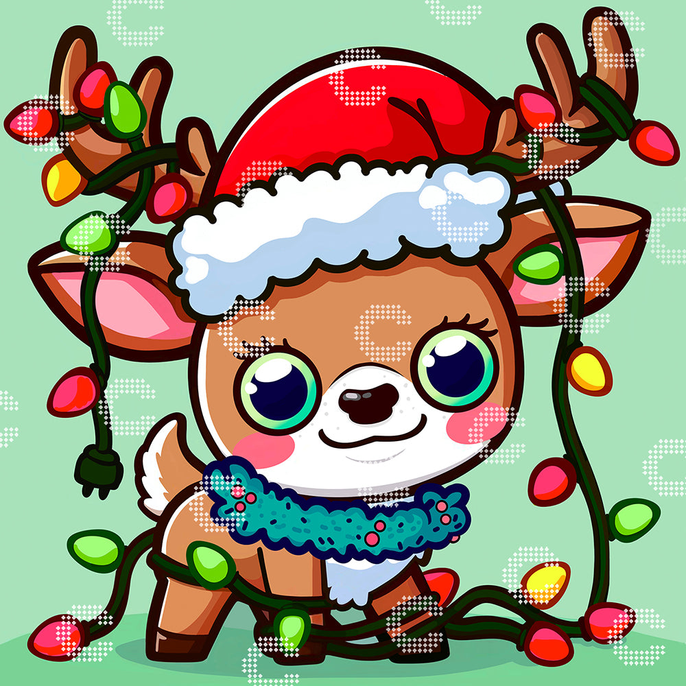 Diamond Painting niedliches Rentier mit großen Augen, Weihnachtsmannmütze und bunter Lichterkette als fröhliches Weihnachtsmotiv