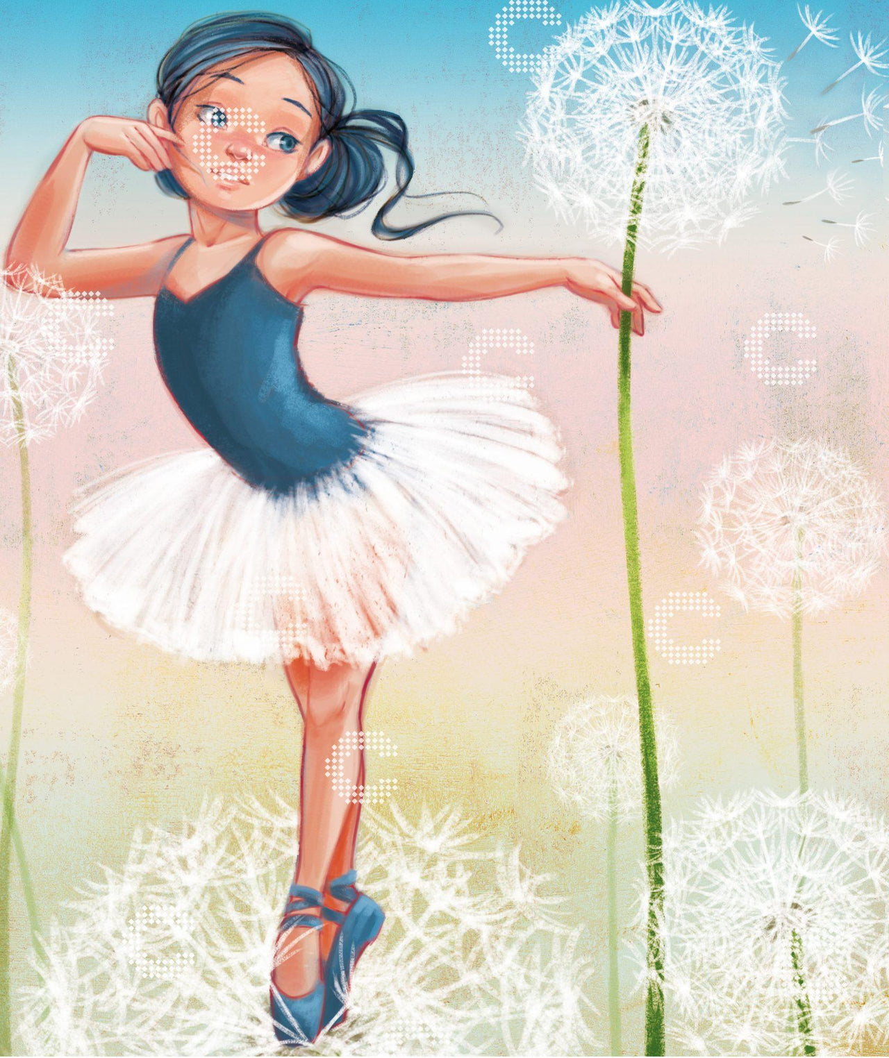Diamond Painting zarte Ballerina umgeben von filigranen Pusteblumen als verträumtes Tanzmotiv