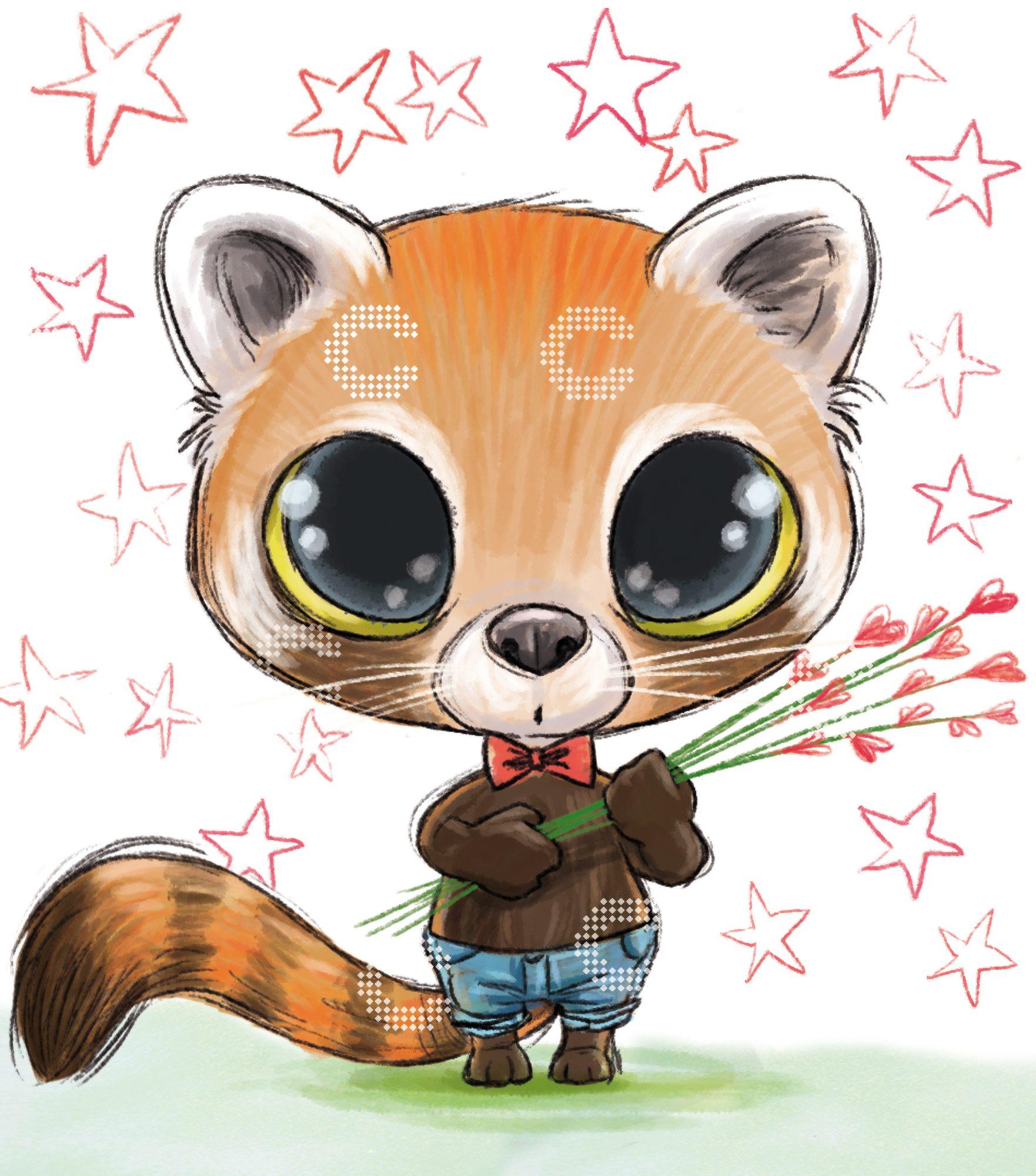 Diamond Painting kleiner Kawaii Panda mit Hose, Fliege und Blumen in der Hand, umgeben von Sternen