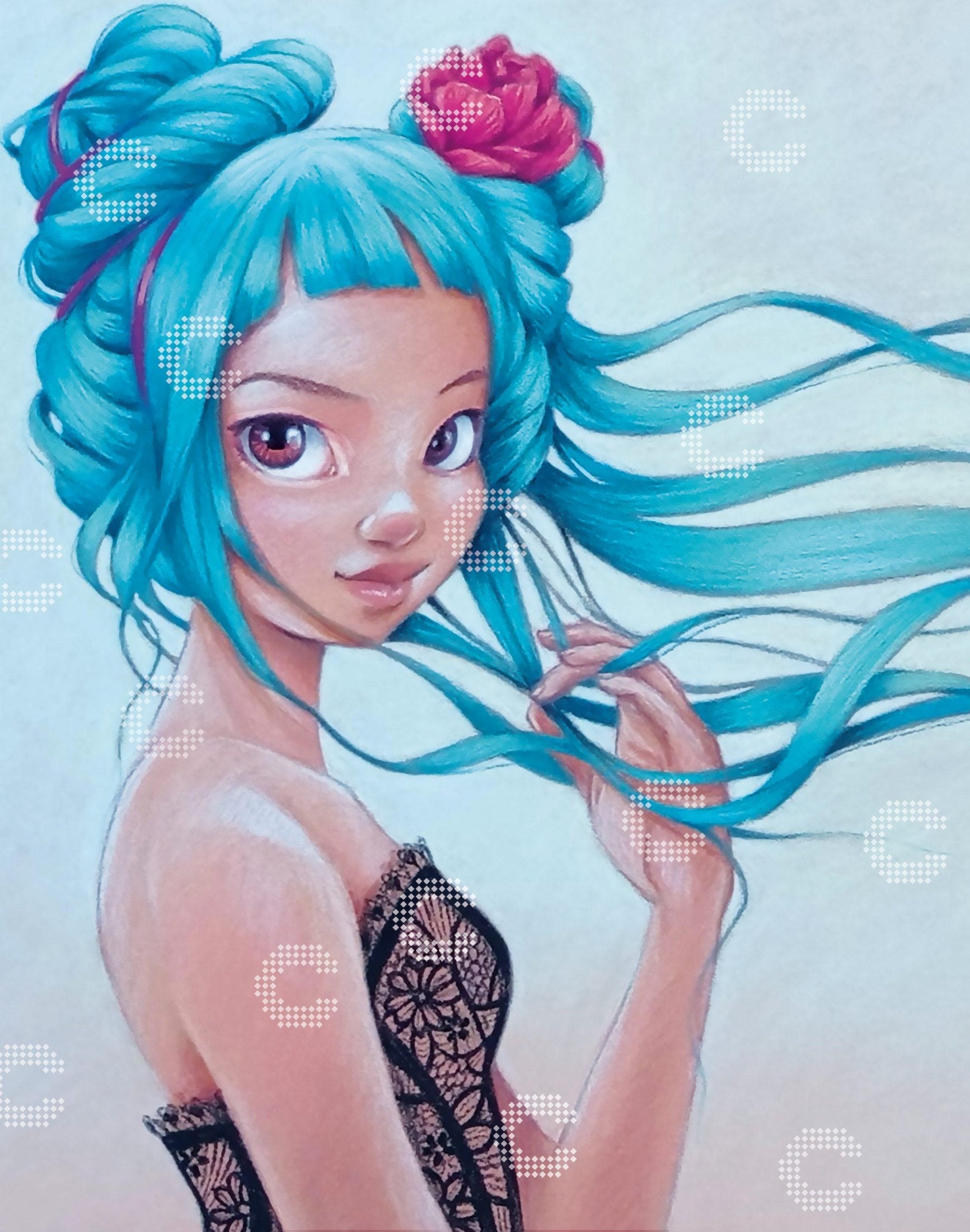Diamond Painting Mädchen mit langen blauen Haaren, pinker Blüte im Haar, schwarzem Spitzenoberteil und großen braunen Augen als zartes Portrait