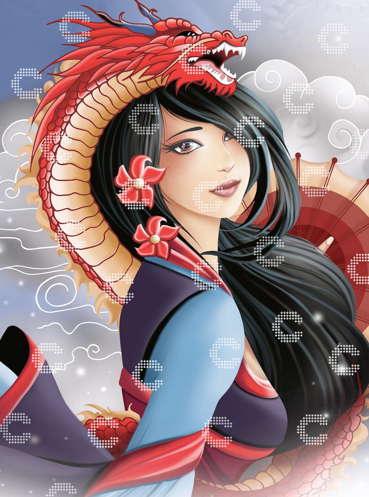Diamond Painting Mulan mit rotem Drachen, roten Blüten im Haar und Wolken im Hintergrund