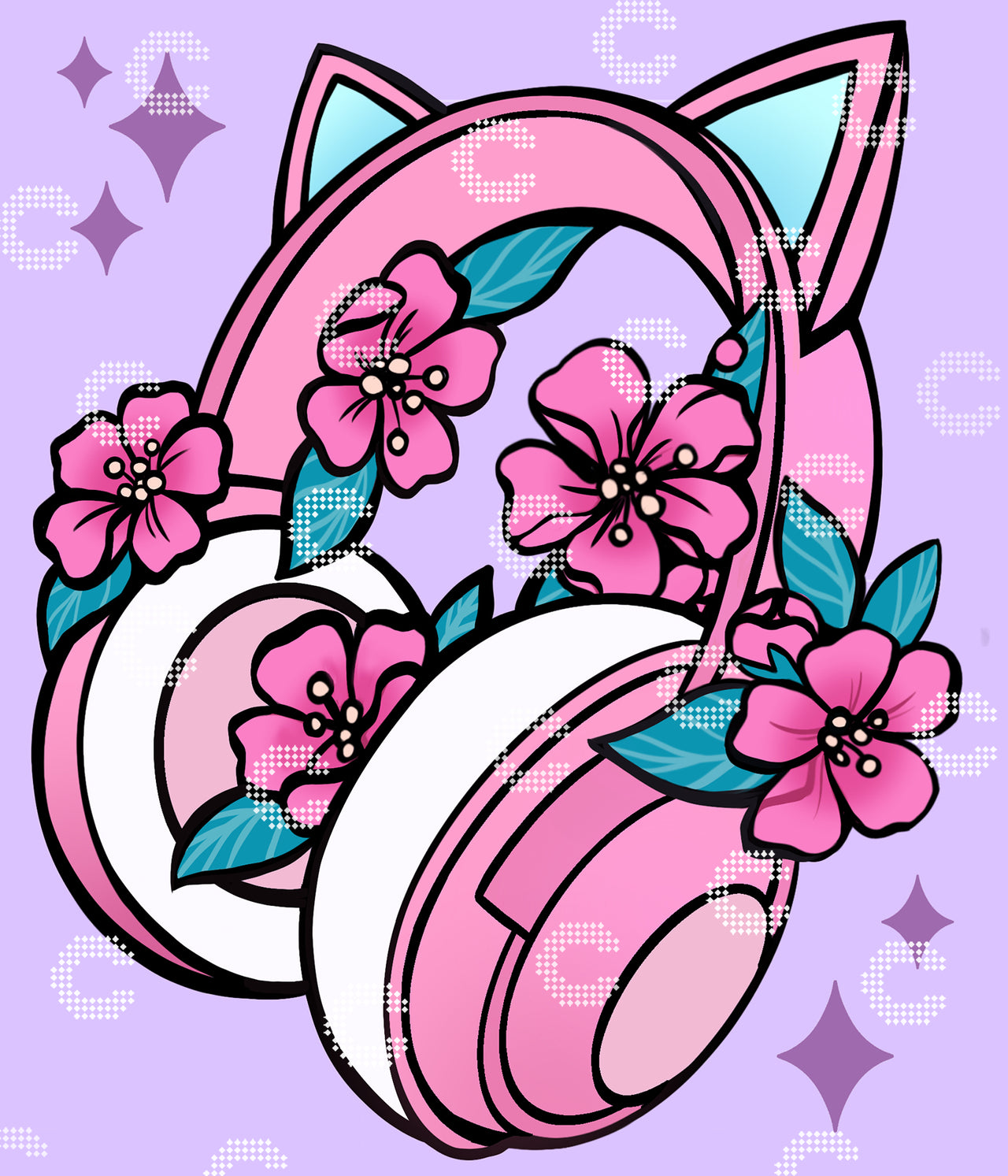 Diamond Painting rosa Over-Ear Kopfhörer mit Katzenohren und Blumen als verspieltes Kawaii Motiv