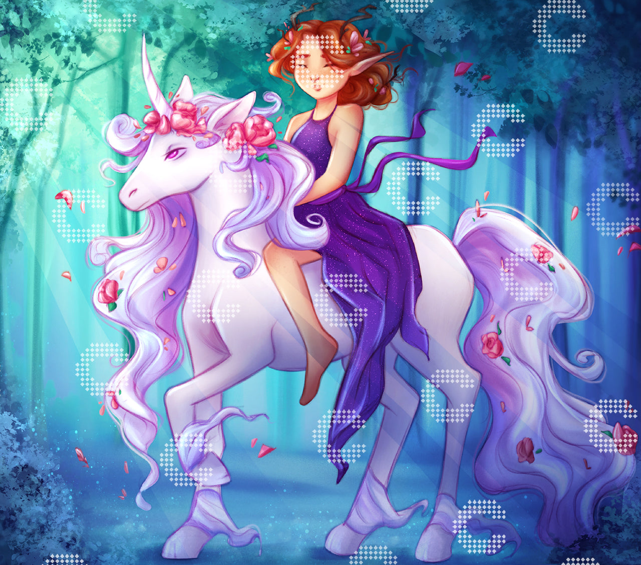 Diamond Painting Elfenmädchen auf weißem Einhorn mit Blumen im verwunschenen Wald