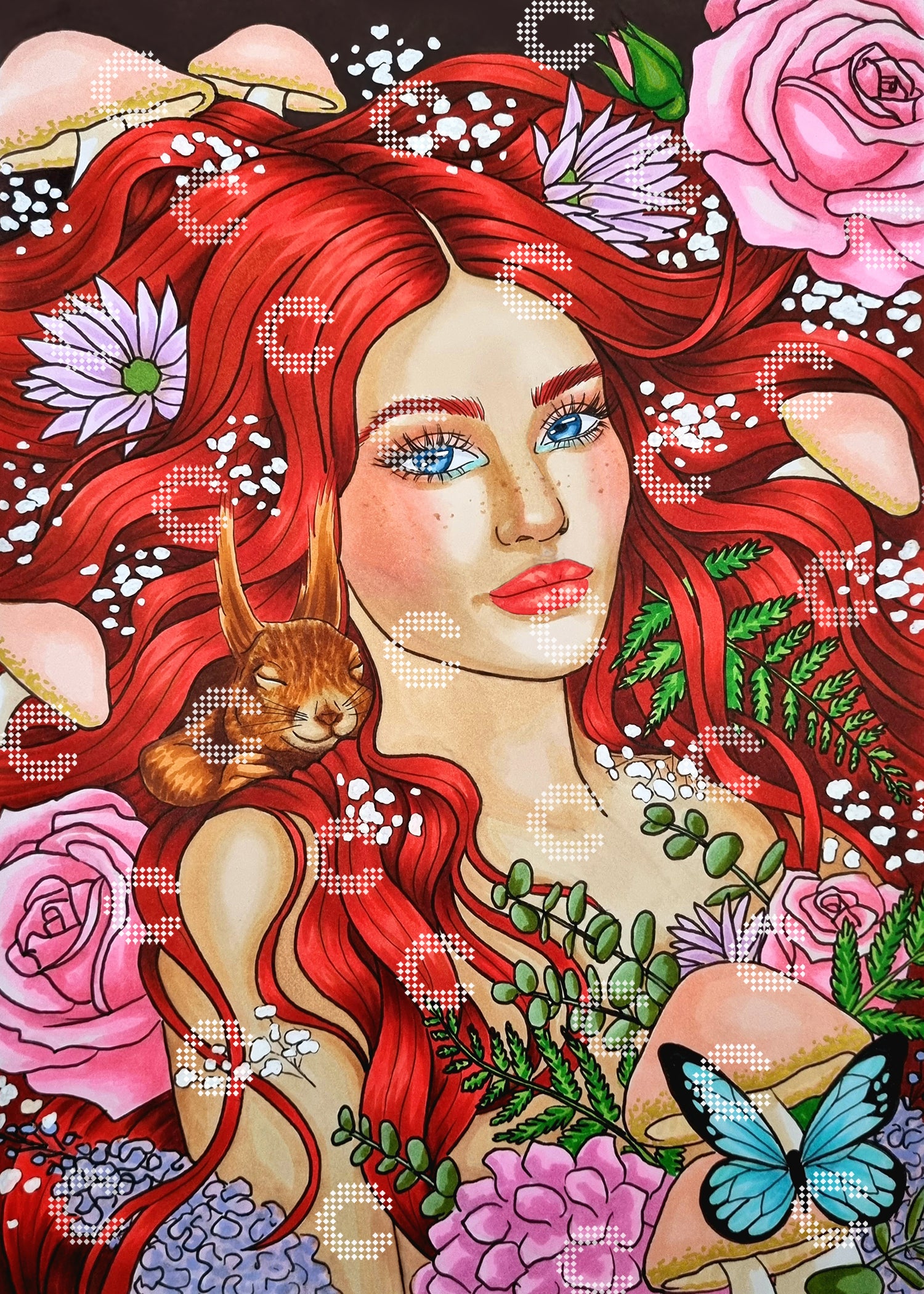 Diamond Painting Originalmotiv mit einem liegenden Mädchen im Wald, dessen lange üppige rote Haare weit um sie ausgebreitet sind und von Blüten, Blumen und Pilzen durchzogen werden, mit einem großen blauen Schmetterling und einem kleinen Eichhörnchen, das sich an ihrer Schulter in die Haare kuschelt
