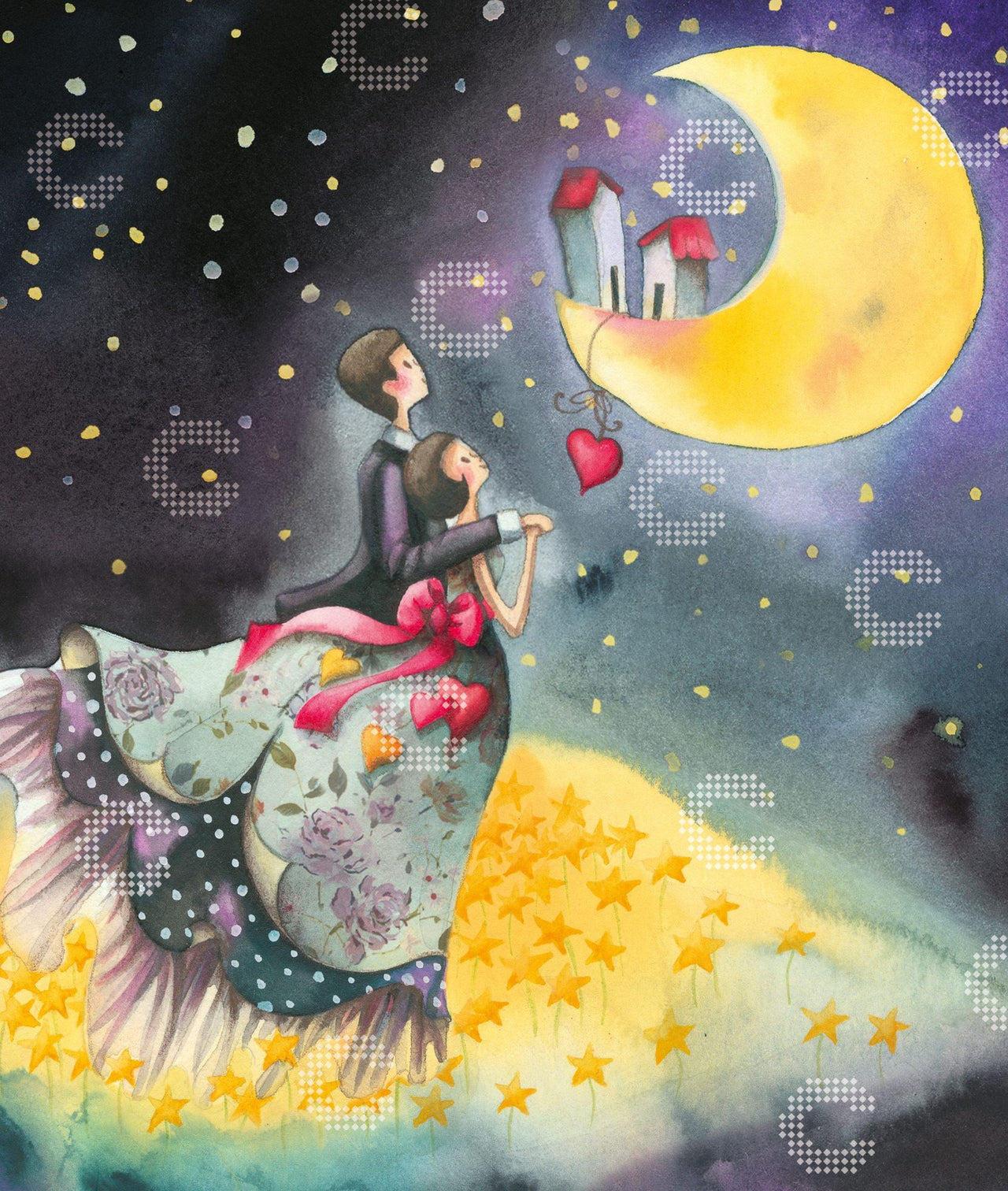Diamond Painting verliebtes Paar unter einem Sternenhimmel mit großem Sichelmond und leuchtenden Sternen