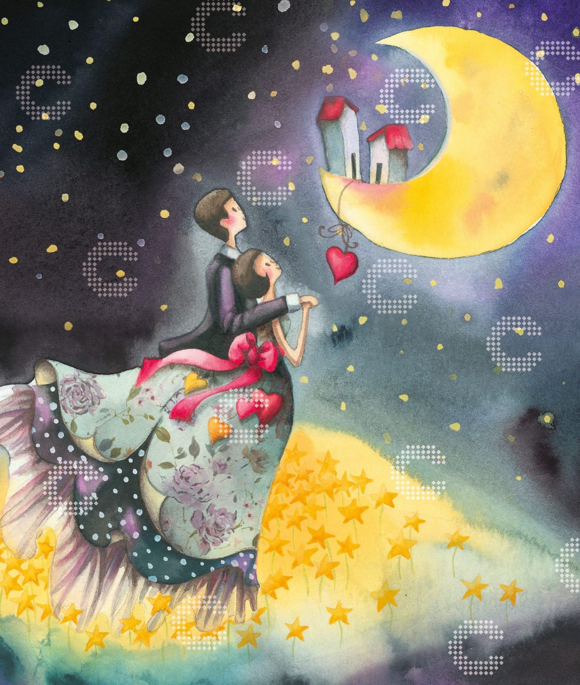 Diamond Painting verliebtes Paar unter einem Sternenhimmel mit großem Sichelmond und leuchtenden Sternen
