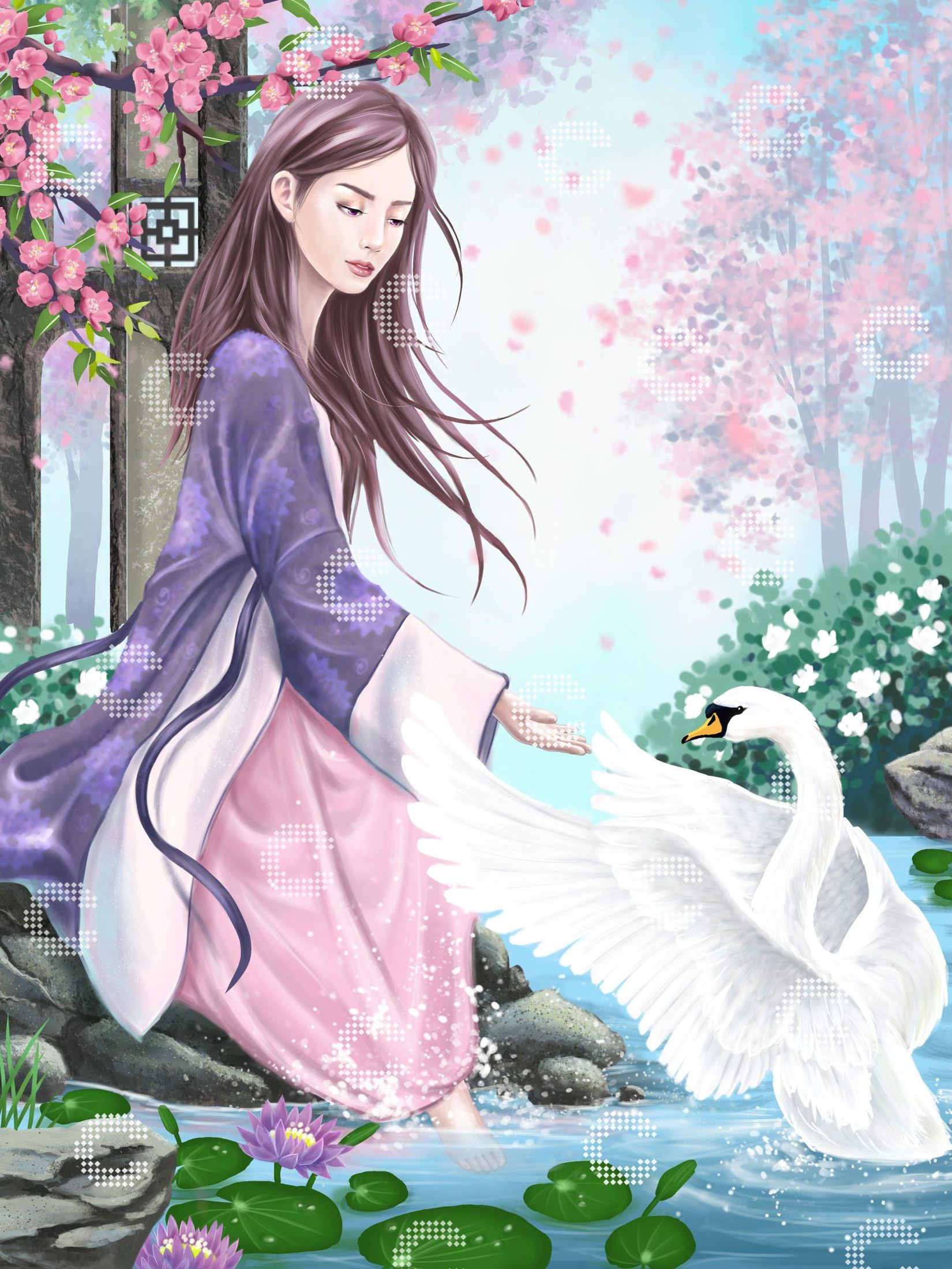 Diamond Painting Mädchen im lila Kimono füttert einen weißen Schwan in einem asiatischen Garten