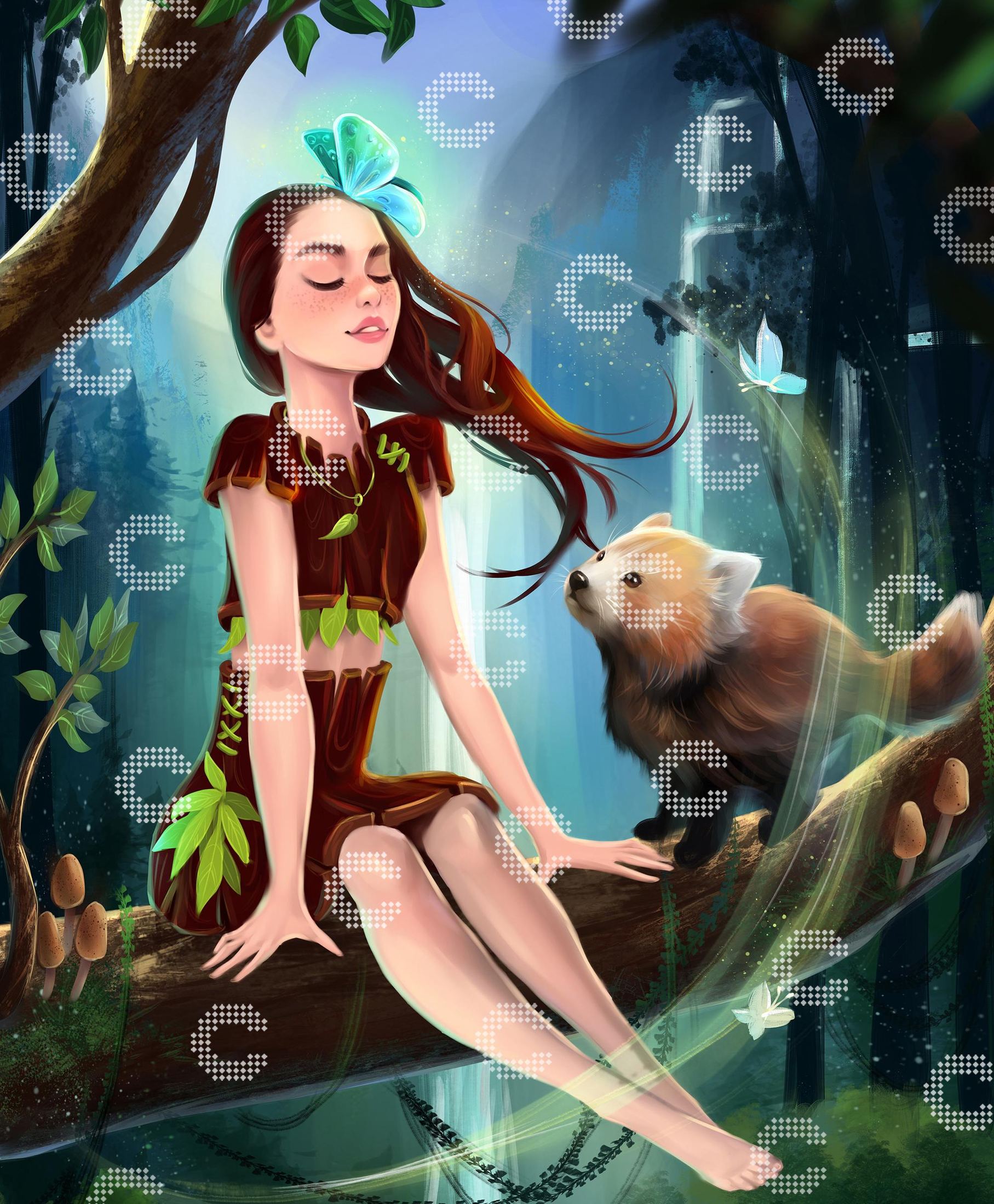 Diamond Painting Mädchen auf einem Ast im geheimnisvollen Urwald mit rotem Panda und Wasserfall im Hintergrund
