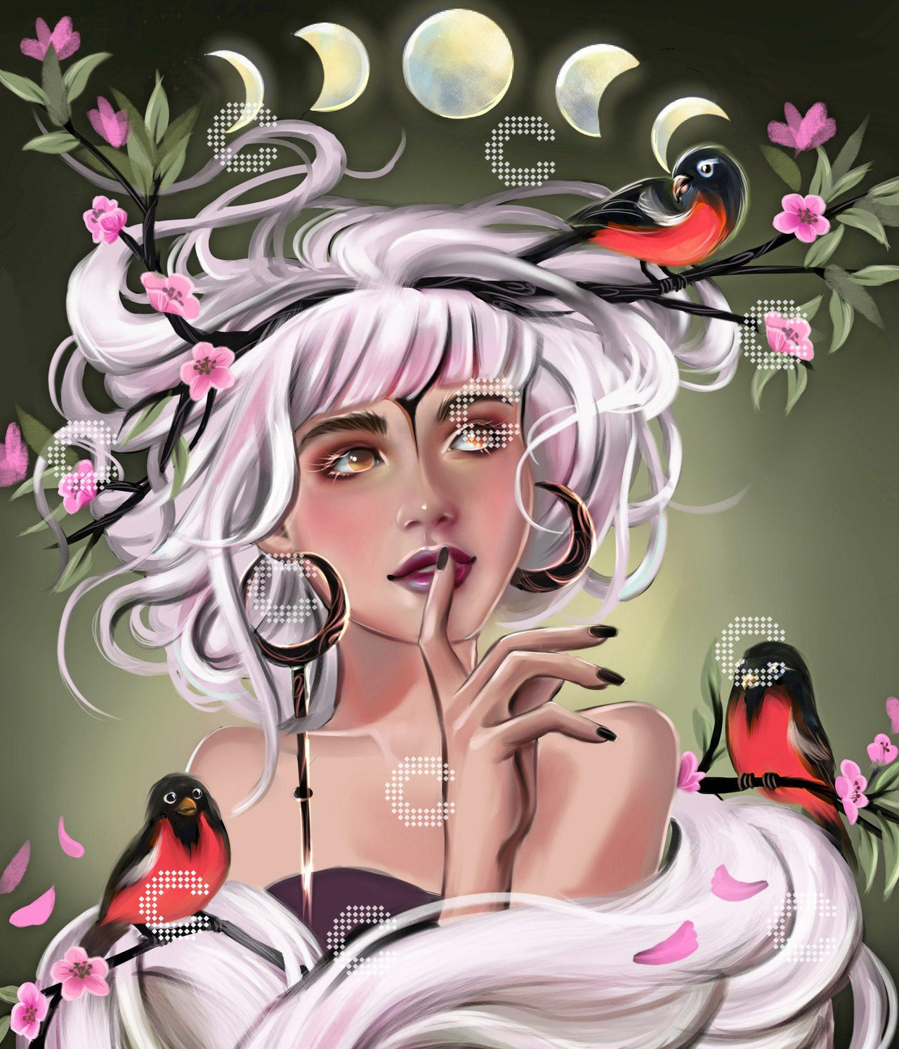 Diamond Painting geheimnisvolles Mädchen mit weiß-rosa Haaren, drei kleinen Vögeln und zarten rosa Blütenzweigen