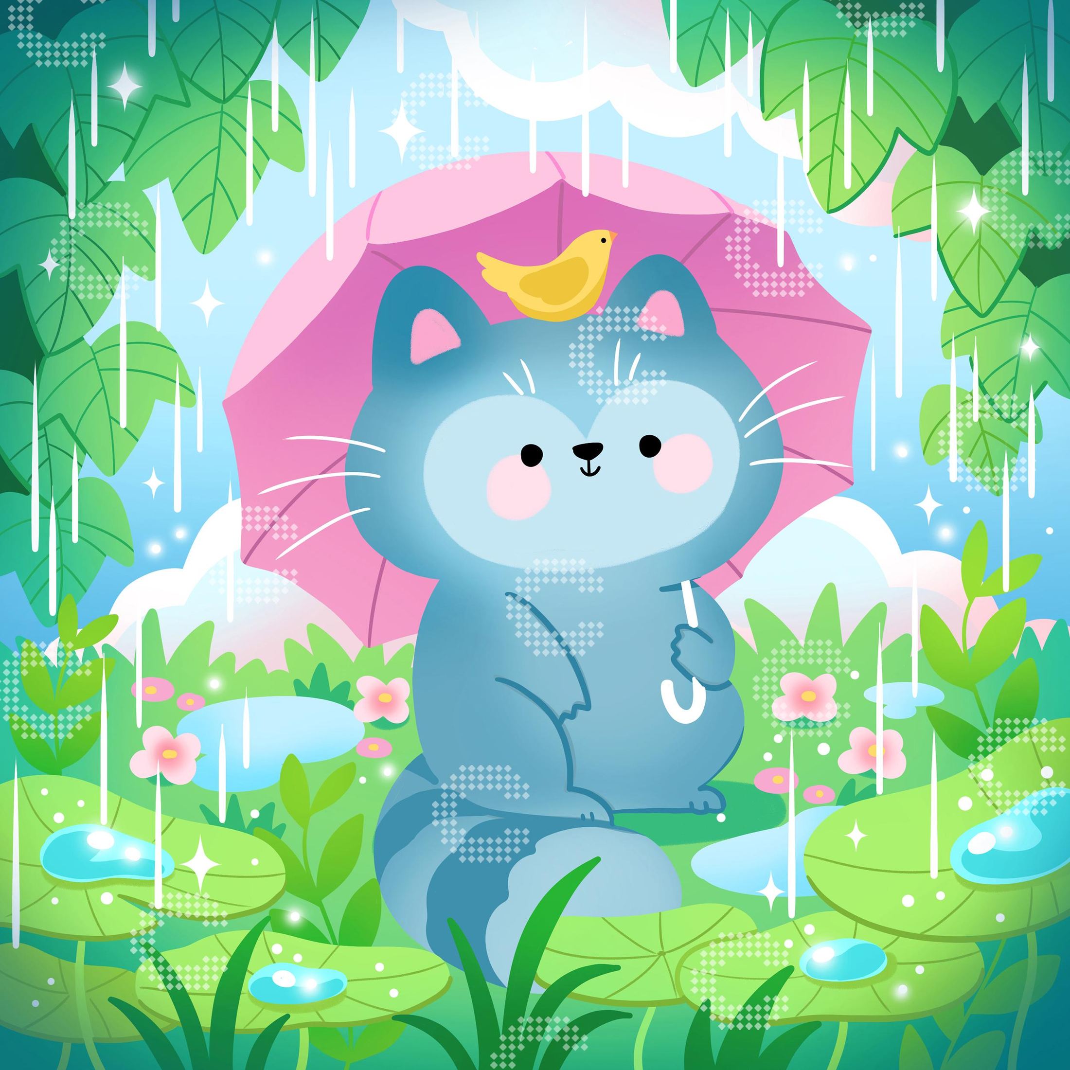 Diamond Painting kleiner Waschbär mit gelbem Vögelchen und rosa Regenschirm auf einer Blumenwiese im Regen
