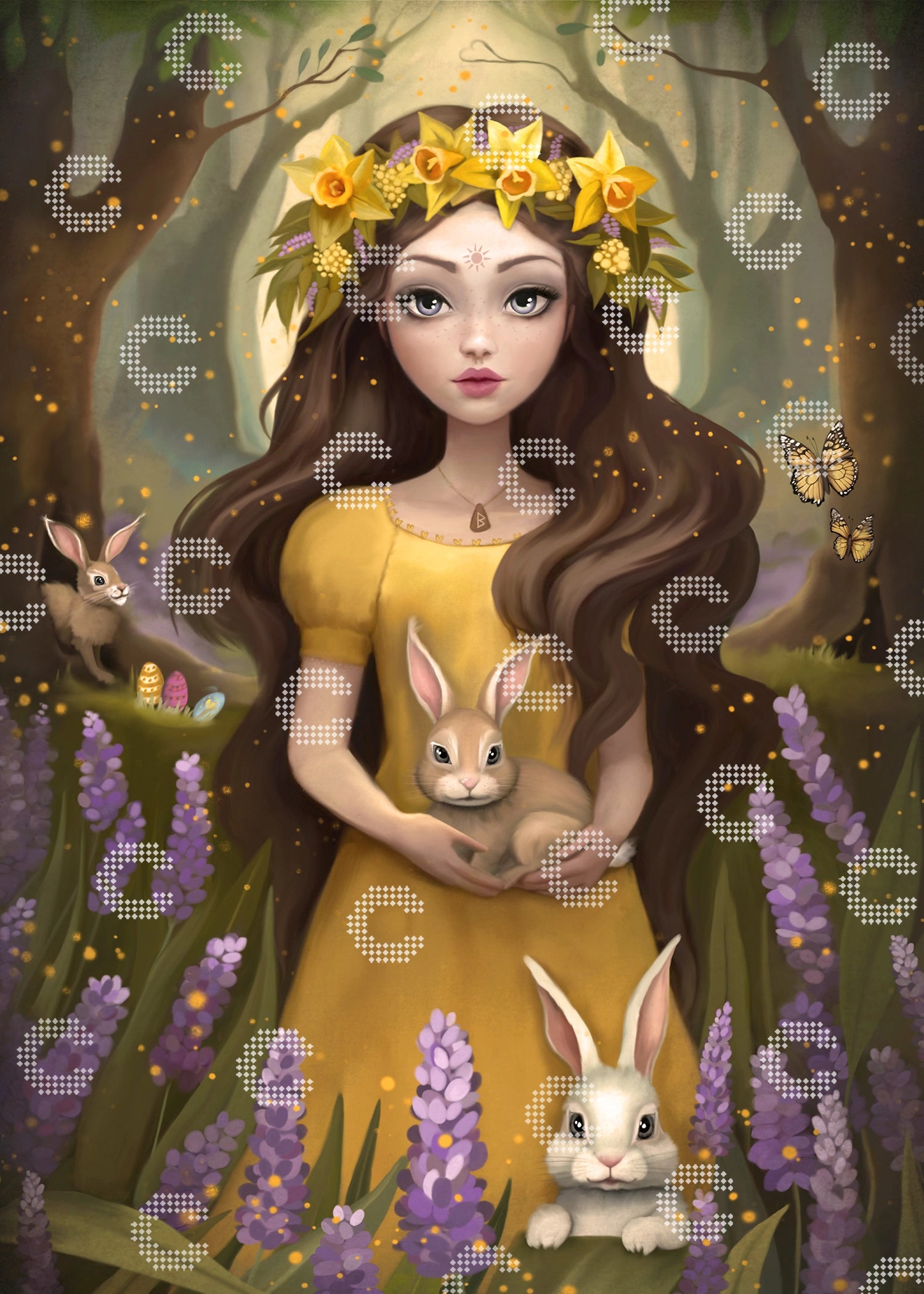 Diamond Painting Mädchen mit gelbem Kleid, langen braunen Haaren und einer Krone aus gelben Narzissen, umgeben von Frühlingsblumen im Wald, mit einem Häschen auf dem Arm und zwei weiteren Hasen an ihrer Seite