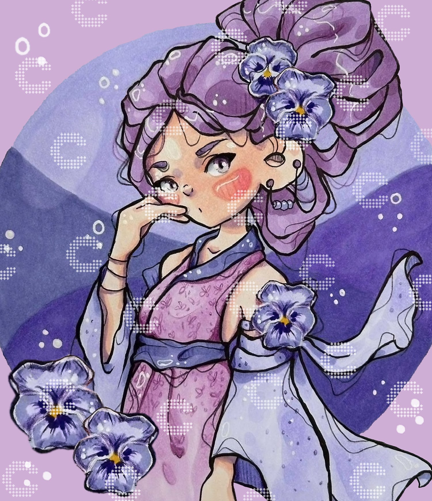 Diamond Painting Mädchen mit lila Stiefmütterchen, Kleid und Haaren in Violetttönen