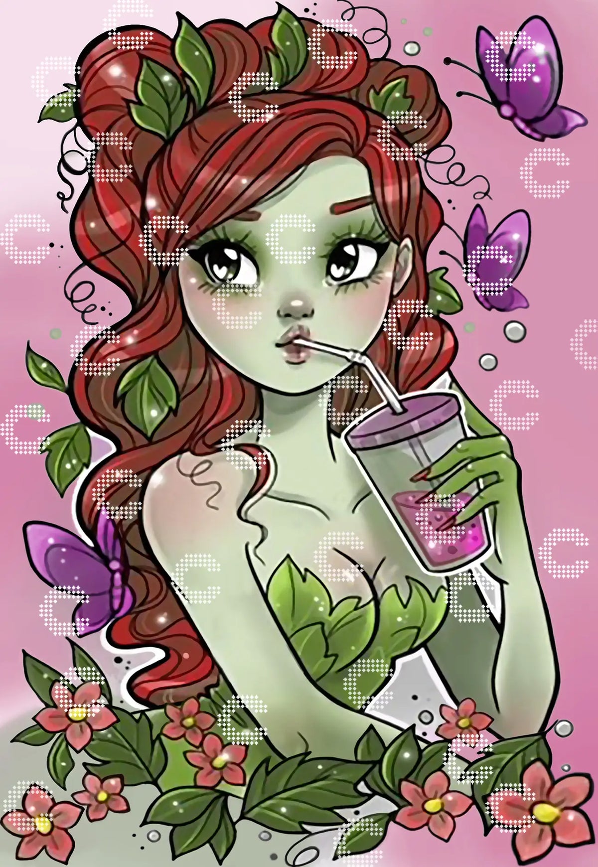 Diamond Painting Original-Motiv einer rothaarigen jungen Frau mit einem Kleid und Haarschmuck aus grünen Blättern, umgeben von Schmetterlingen und Blumen, beim Trinken eines Bubble Teas