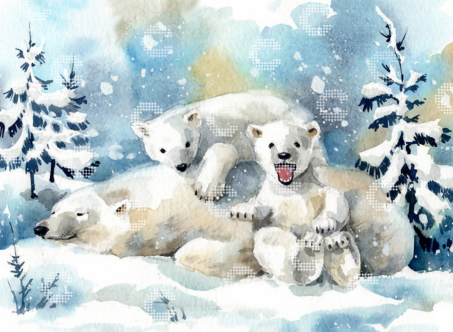 Diamond Painting mit zwei fröhlichen Eisbärenjungen, die sich an ihre schlafende Mutter kuscheln, während sanfte Schneeflocken durch die winterliche Landschaft fallen