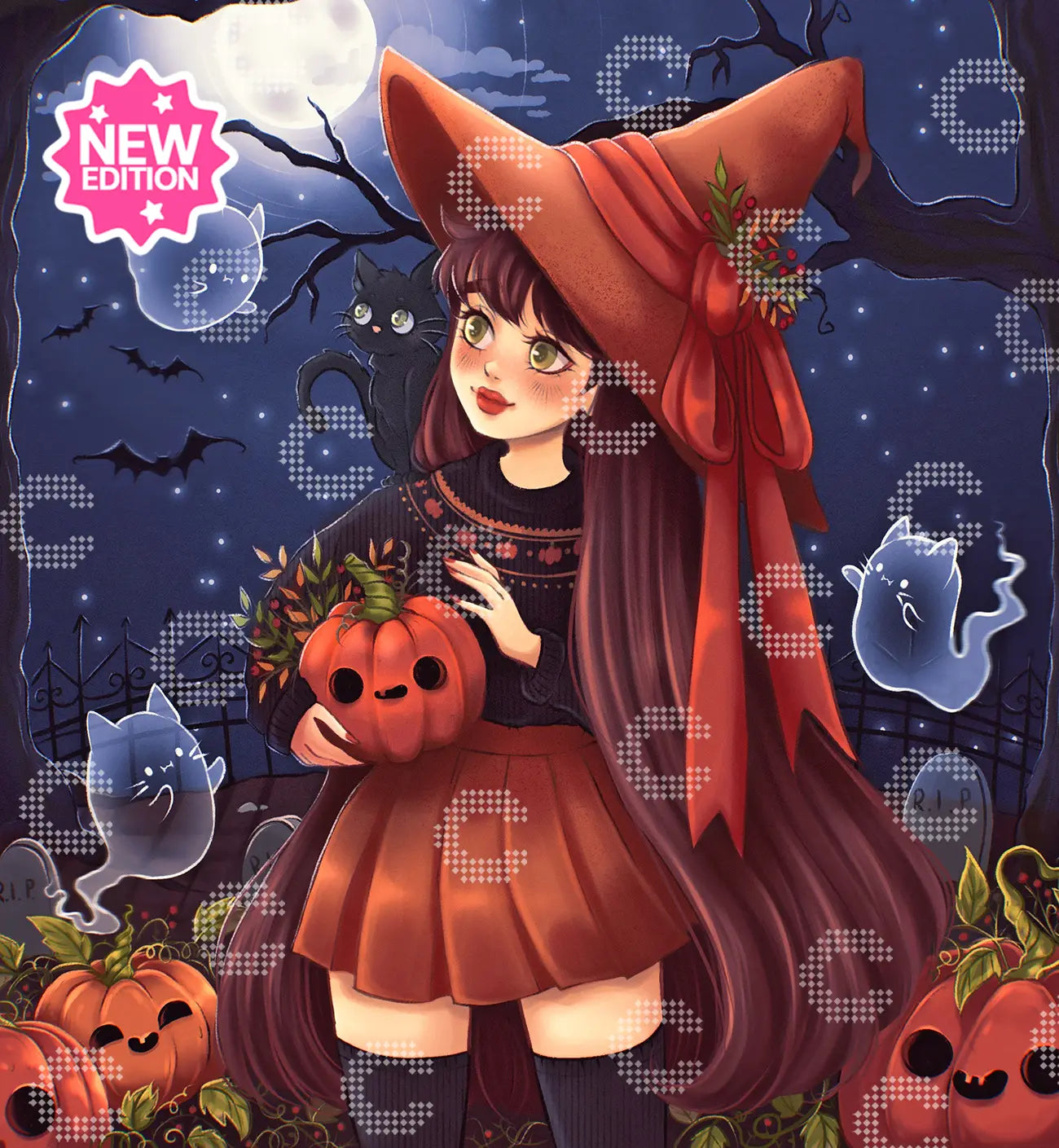 Diamond Painting Original-Kunstwerk einer jungen Hexe mit spitzem Hut, Kürbissen und Katzengeister in einer geheimnisvollen Halloween Nacht