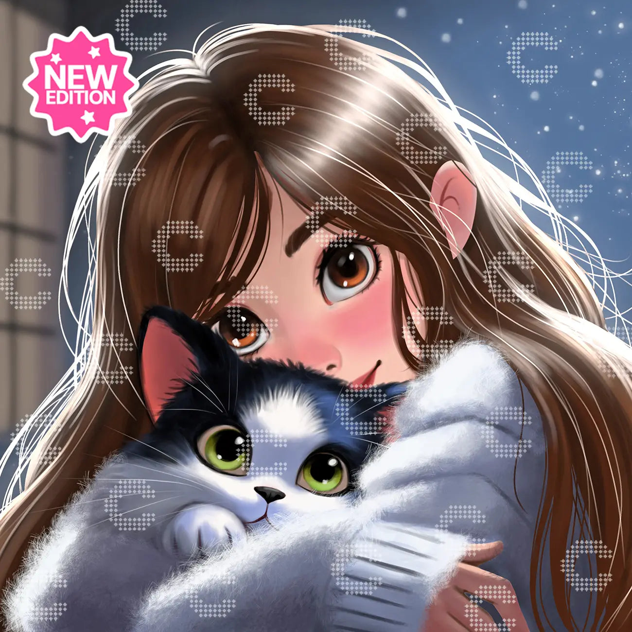 Diamond Painting Originalbild mit einem Mädchen mit dunklen Haaren und kuscheligem Wollpullover, das liebevoll mit einer Katze kuschelt, vor einem funkelnden Sternenhimmel