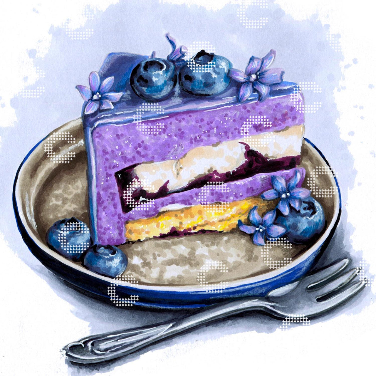 Diamond Painting lila Torte, verziert mit saftigen Blaubeeren und kleinen blauen Blüten, auf einem Teller mit Gabel