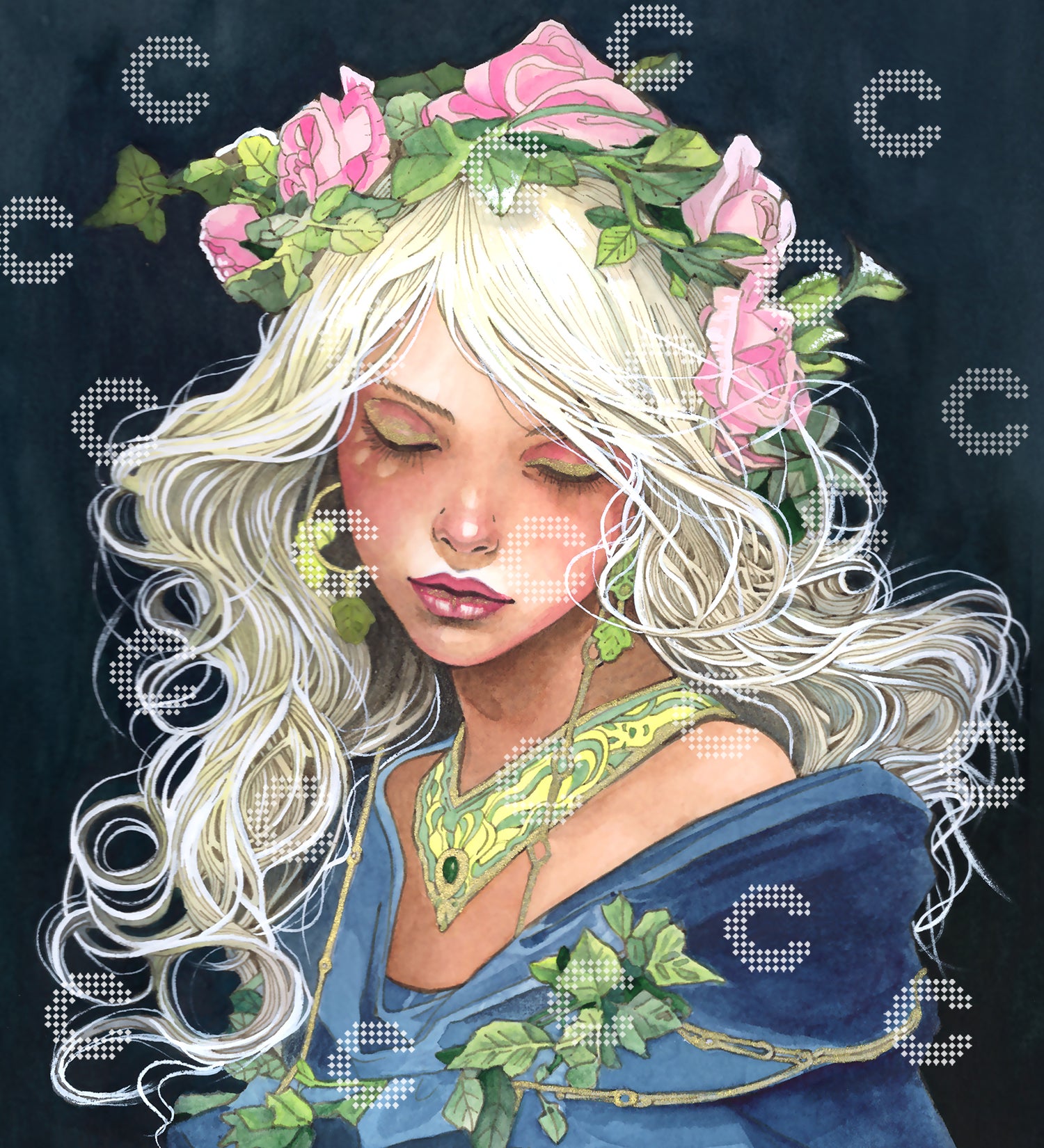 Diamond Painting Königin mit Rosenkrone, blonden Locken und Efeublättern in einem verträumten Fantasy-Motiv