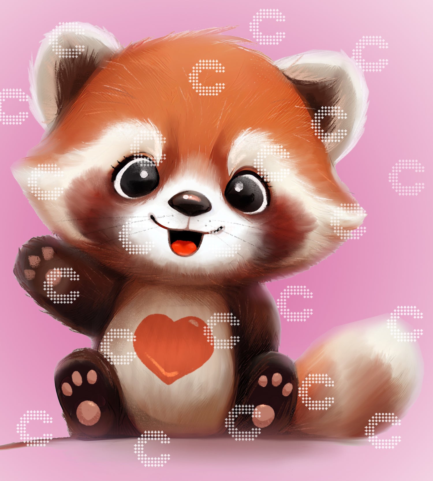 Diamond Painting kleiner roter Panda mit rotem Herz auf der Brust und winkender Pfote als niedliches Tiermotiv