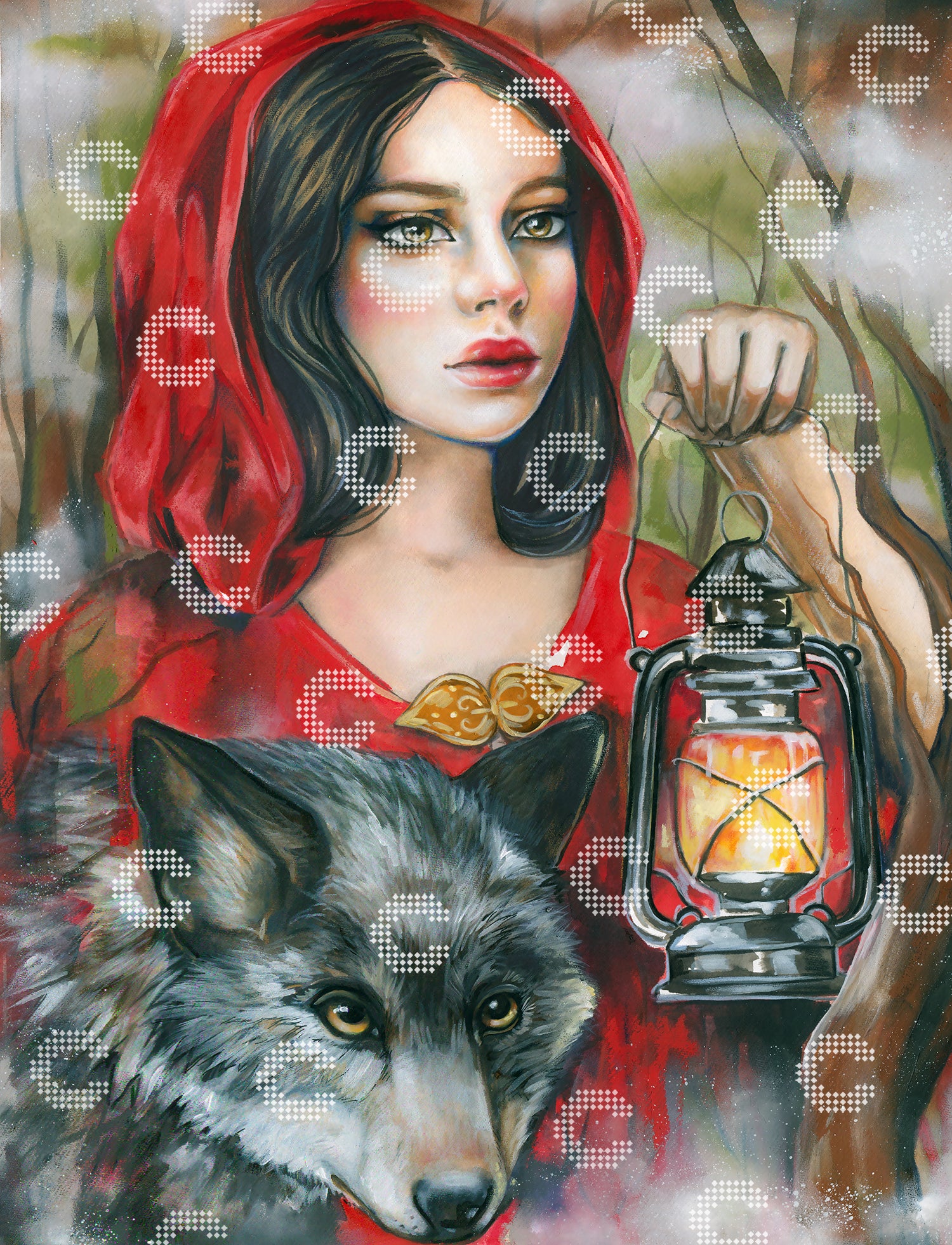 Diamond Painting Rotkäppchen im tiefroten Mantel mit Laterne und großem Wolf im nebligen, geheimnisvollen Wald