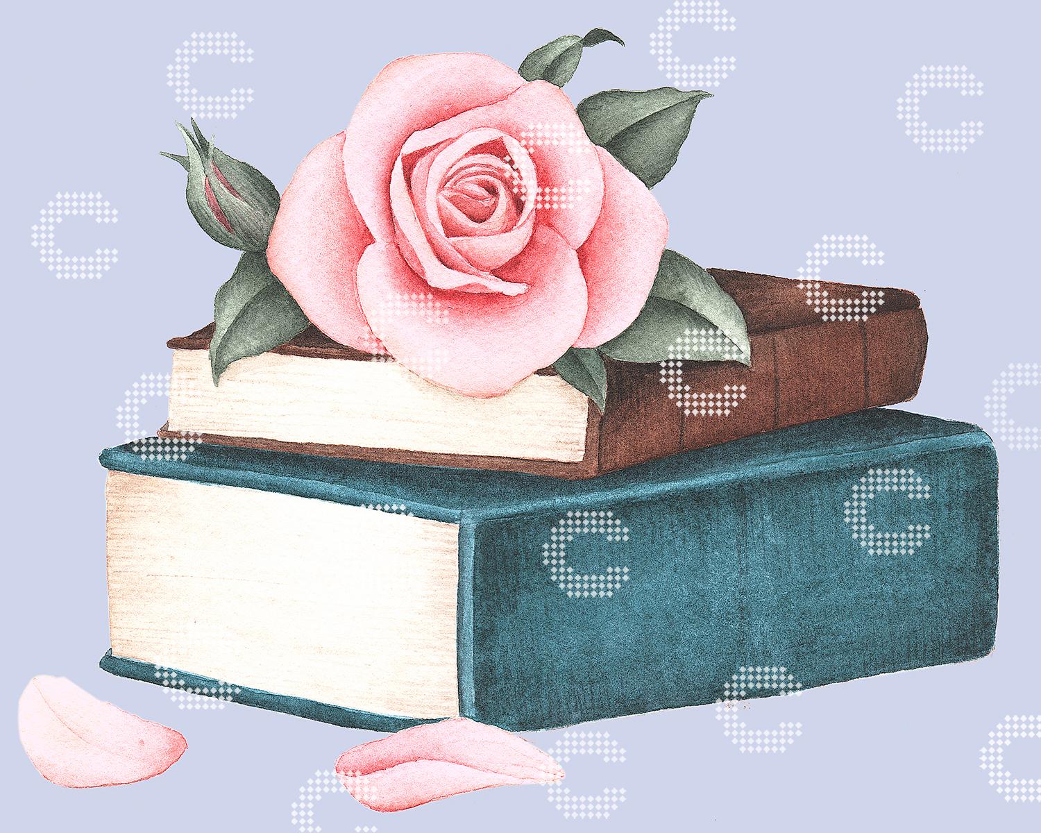 Diamond Painting zarte Rose auf einem Stapel nostalgischer Bücher mit losen Rosenblättern als romantisches Blumenmotiv