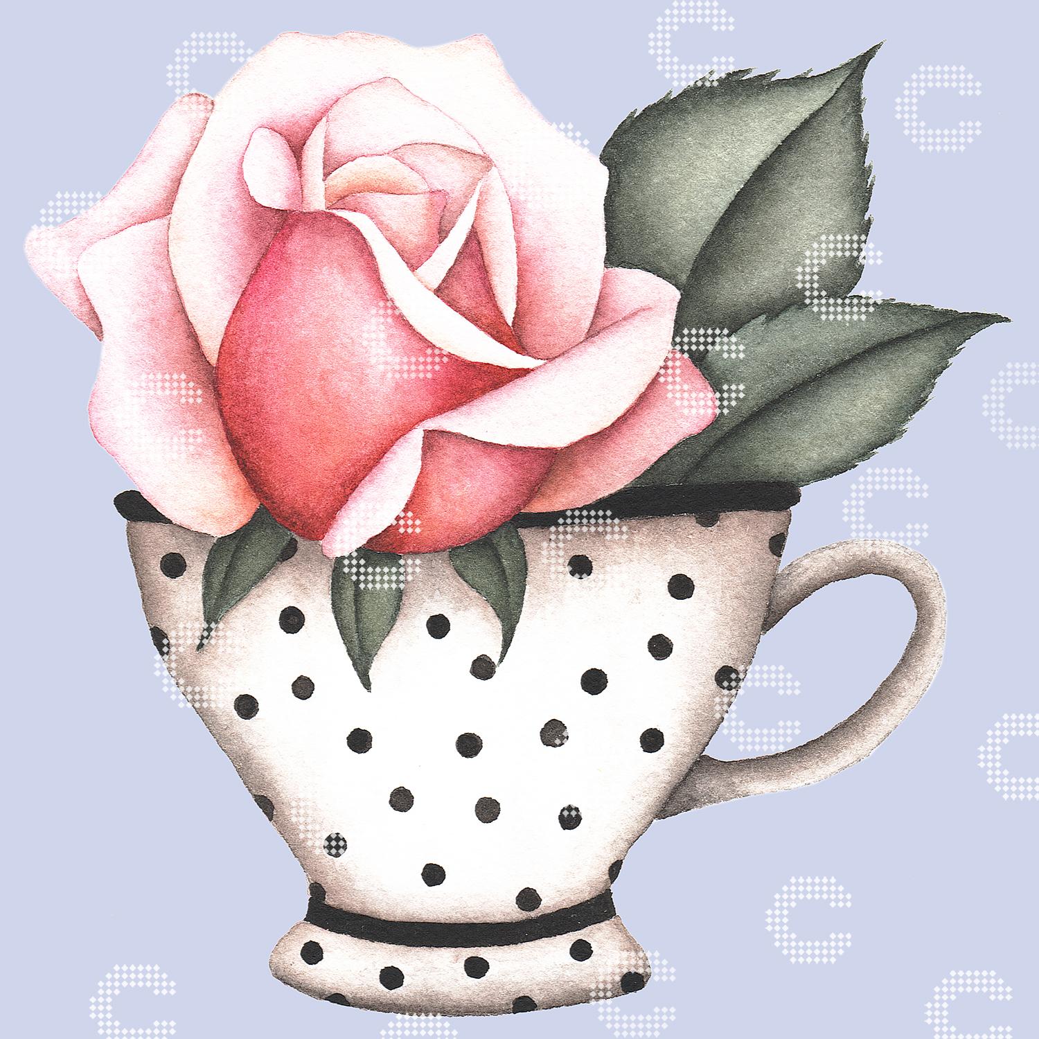 Diamond Painting zartrosa Rose in einer gepunkteten Porzellantasse als romantisches Blumenmotiv