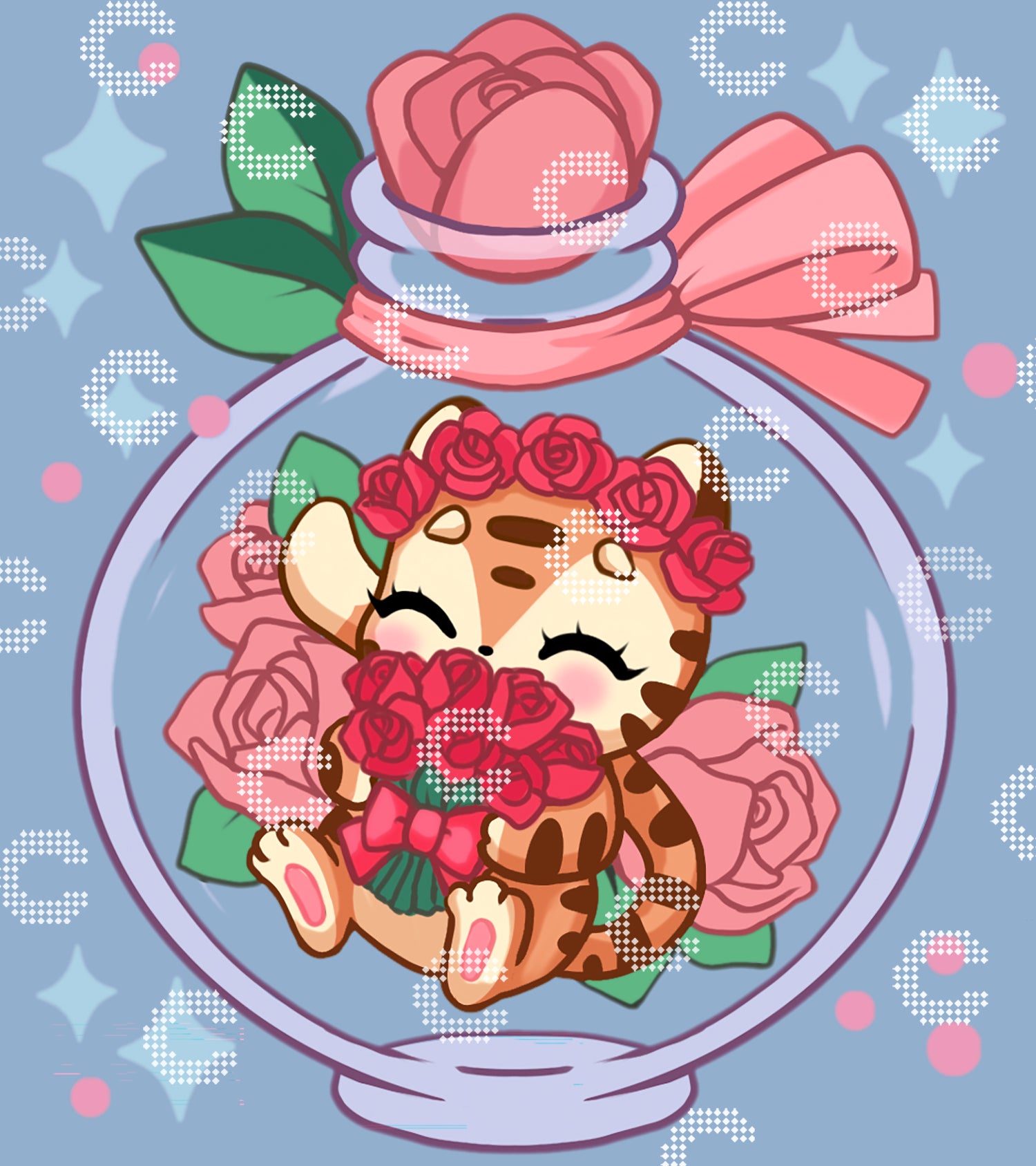 Diamond Painting Original-Motiv mit einem kleinen Tiger mit Rosenkranz auf dem Kopf und einem Rosenstrauß im Arm, sitzend in einem Glasflakon mit rosa Schleife und grünen Blättern am Flaschenhals