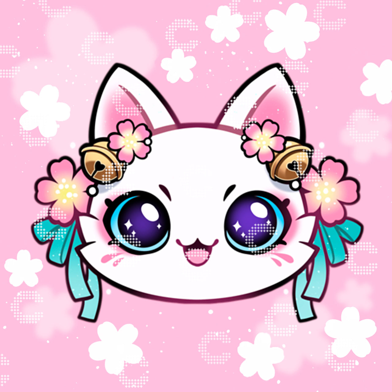 Diamond Painting Kawaii Sakura Katze mit Blüten, Bändern, Glöckchen und weißen Blumen als zauberhaftes Katzenmotiv