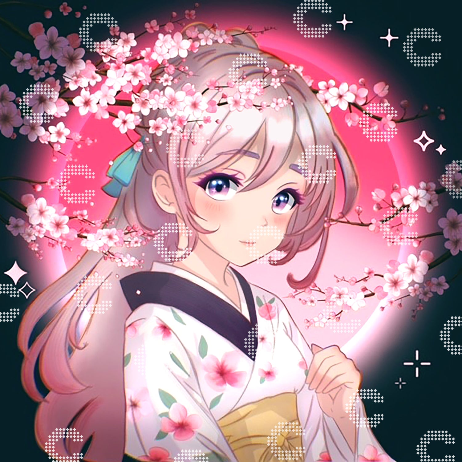 Diamond Painting zartes Mädchen im traditionellen Kimono zwischen blühenden Kirschblüten, umgeben von feinen Sakura-Zweigen und rosafarbenen Blüten