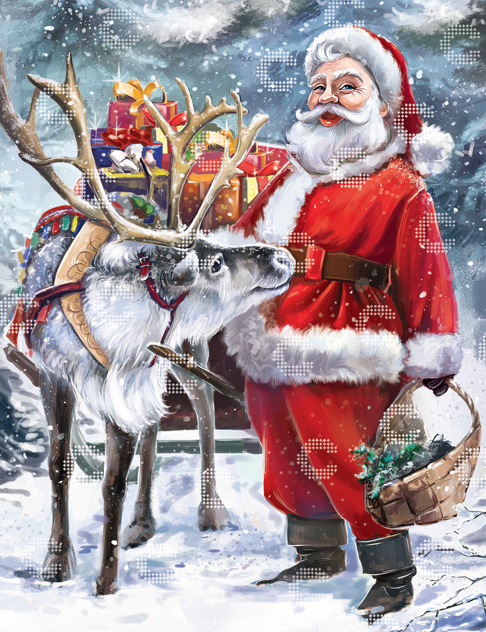 Diamond Painting Weihnachtsmann mit Rentier, Schlitten und Geschenken in verschneiter Winterlandschaft