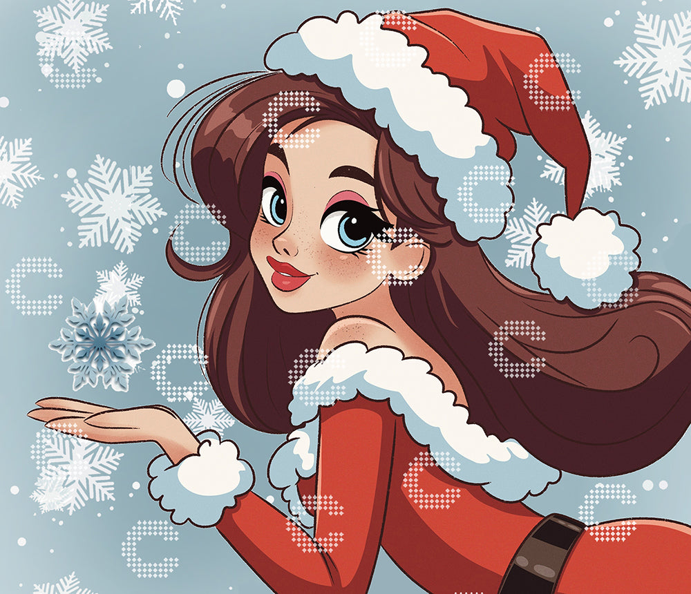 Diamond Painting Mädchen im Weihnachtsmann Outfit mit schwebendem Schneekristall und tanzenden Schneeflocken