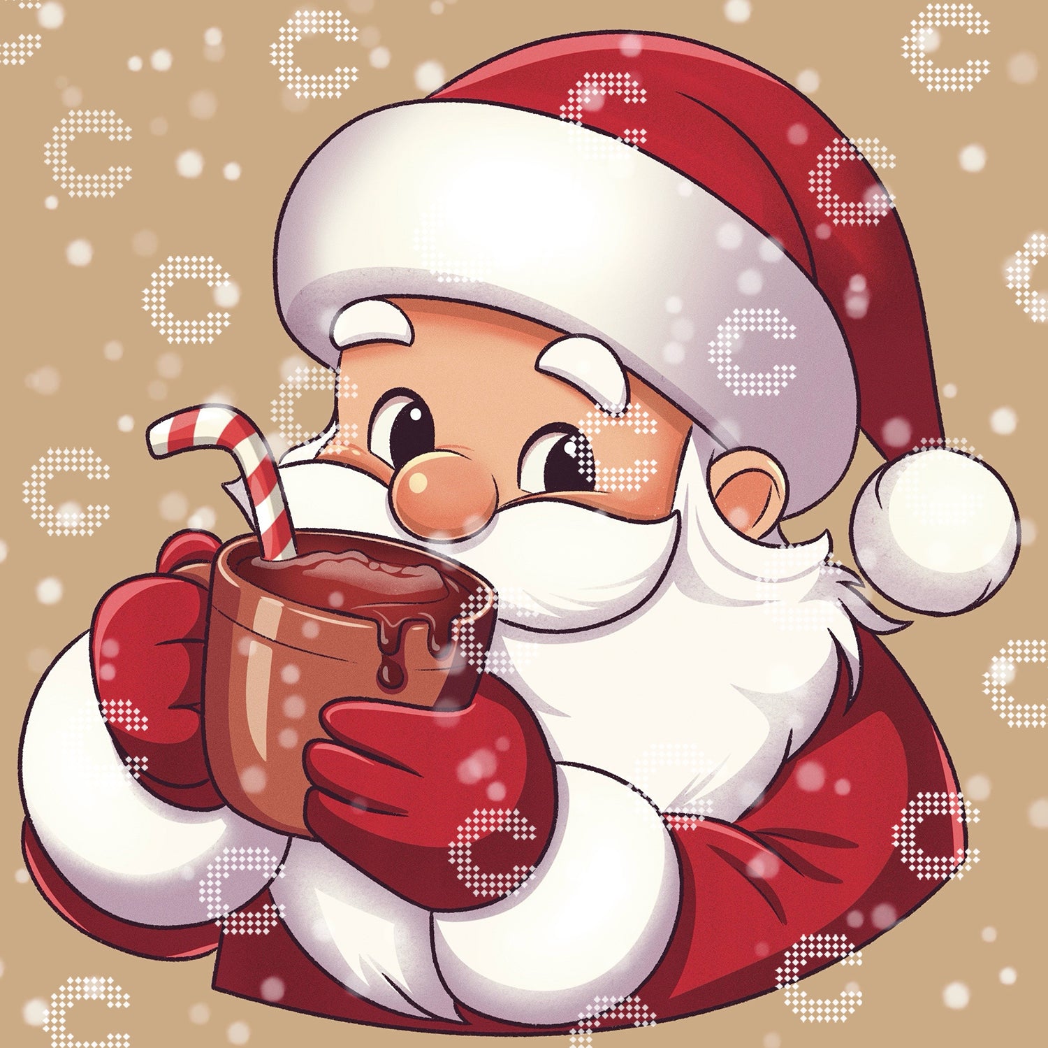 Diamond Painting mit einem niedlichen Weihnachtsmann, der gerade einen Schluck aus einer Tasse heißer Schokolade mit Zuckerstange trinkt, umgeben von Schneeflocken