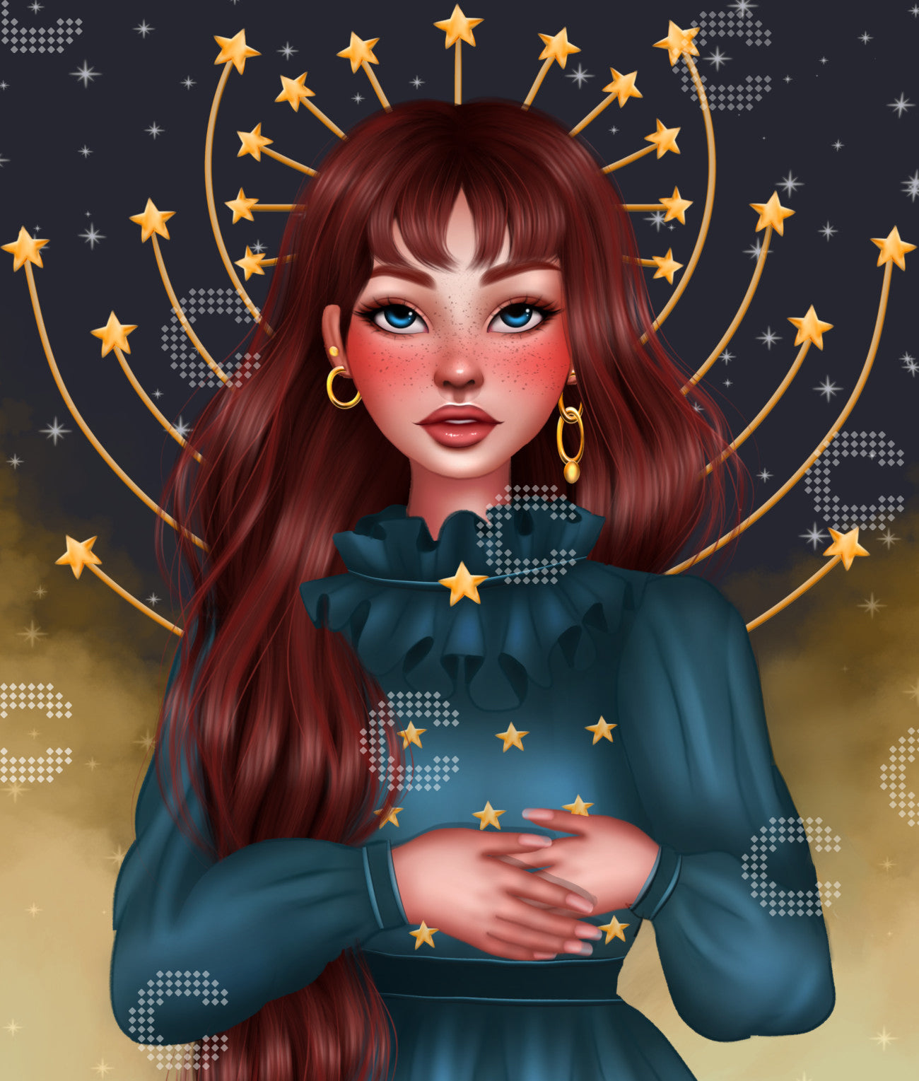 Diamond Painting einer Schicksalsgöttin mit langen roten Haaren und türkisem Kleid, die funkelnde Sterne in ihren Händen hält, vor einem magischen Hintergrund mit Sternenkonstellationen