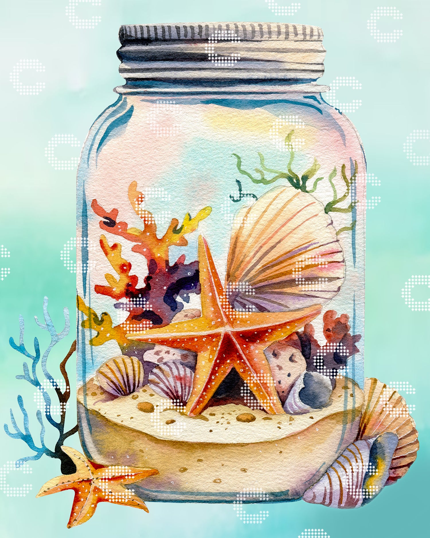 Diamond Painting Original-Bild mit einem gläsernen Gefäß voller Meeresmagie, in dem ein leuchtend oranger Seestern auf feinem Sand zwischen Muscheln und filigranen Korallen liegt