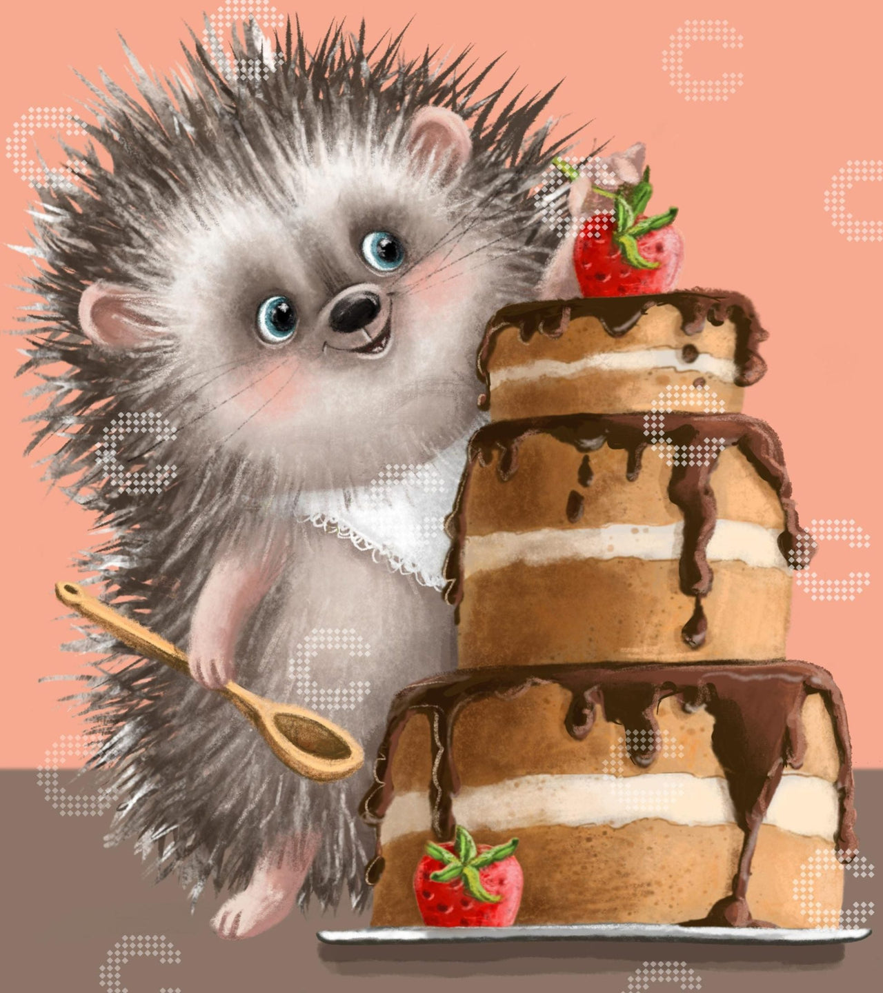 Diamond Painting kleiner Igel mit Kochlöffel und dreistöckiger Torte mit Schokolade und Erdbeeren