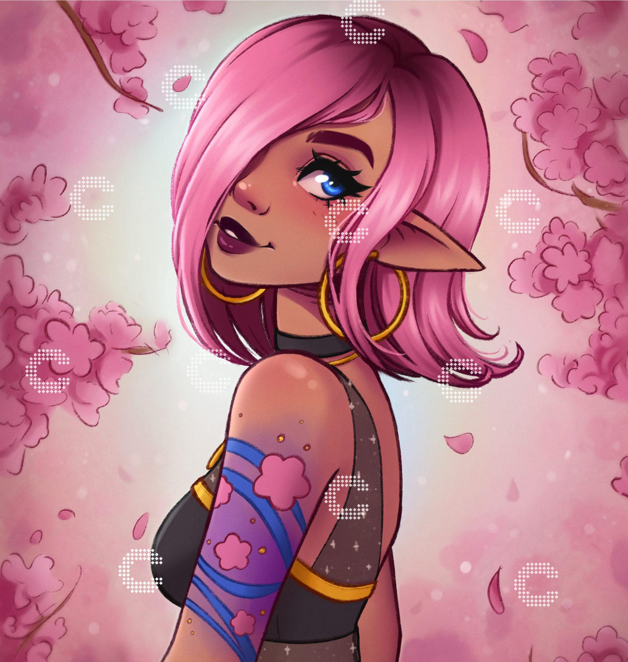 Diamond Painting Elfenmädchen mit pinken Haaren, spitzen Ohren und Blumen-Tattoos vor floraler Kulisse