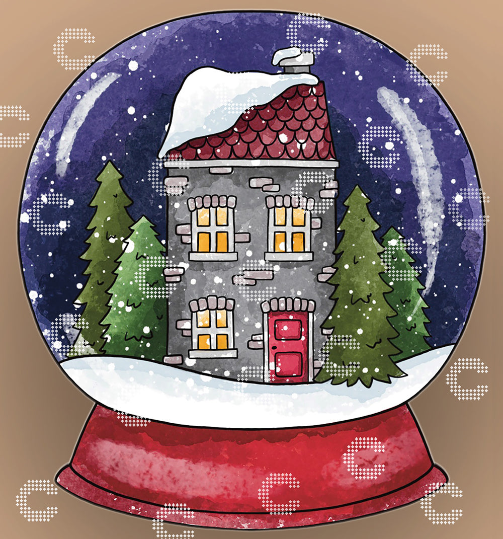 Diamond Painting märchenhafte Schneekugel mit gemütlichem Steinhaus, warm leuchtenden Fenstern, rotem Dach und schneebedeckten Tannen in einer stillen Winternacht
